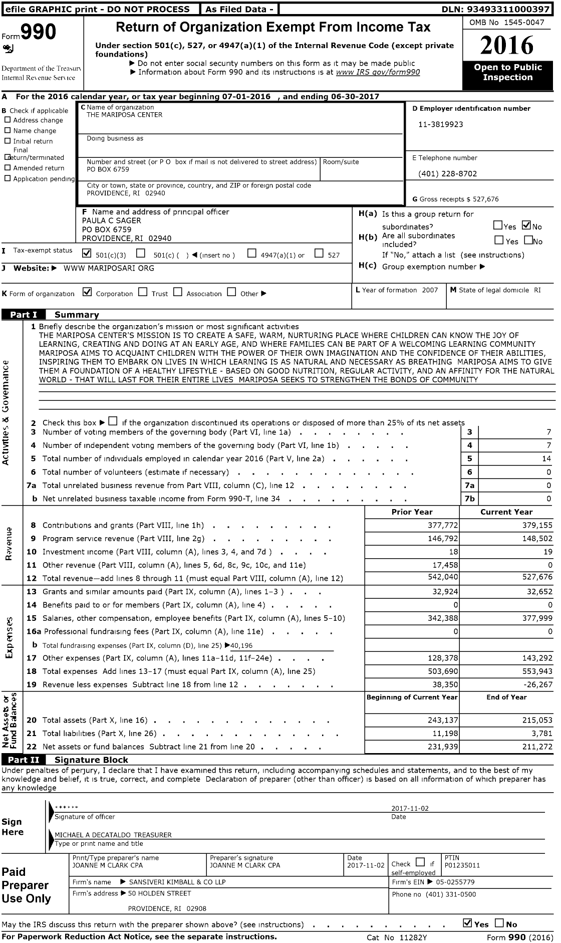 Image of first page of 2016 Form 990 for The Mariposa Center