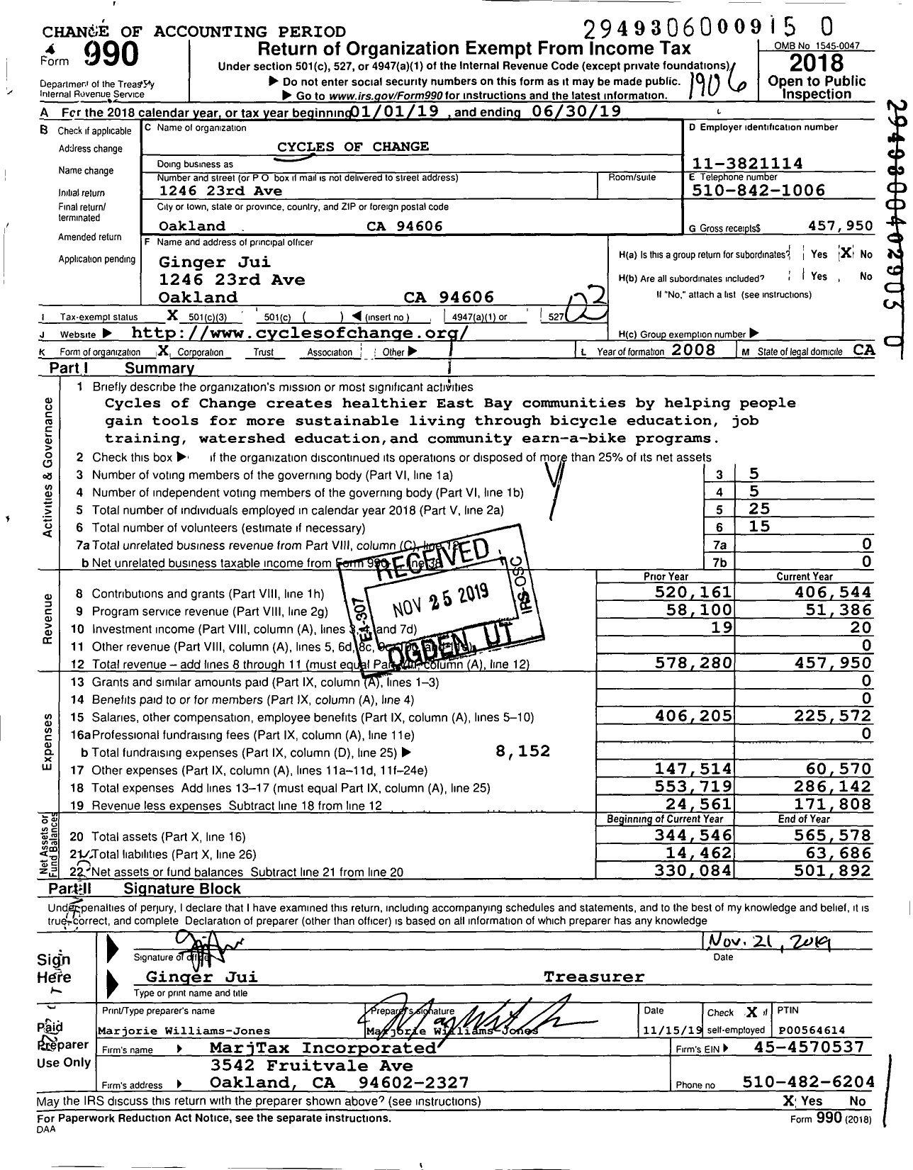 Image of first page of 2018 Form 990 for Cycles of Change