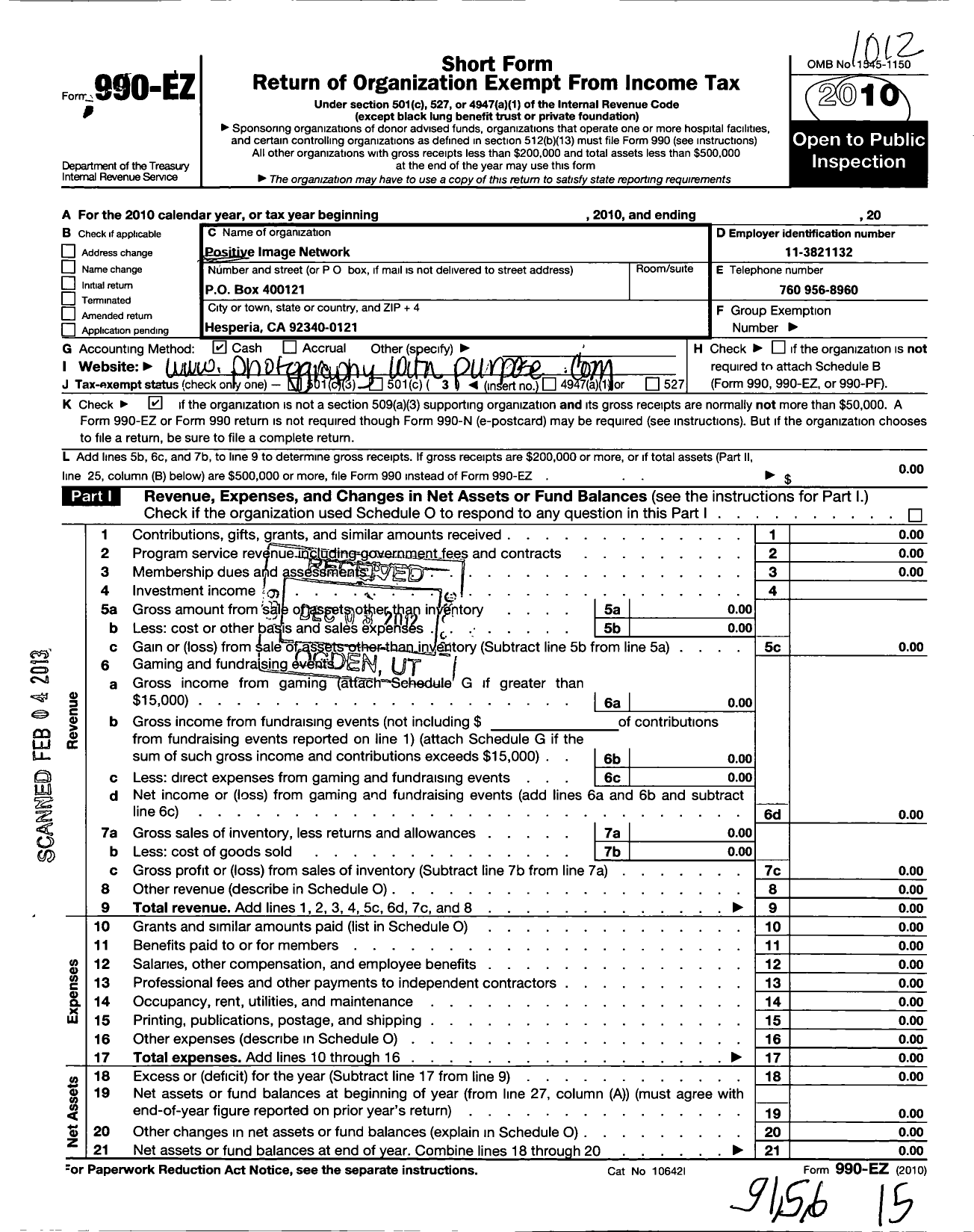 Image of first page of 2010 Form 990EZ for Positive Image Network