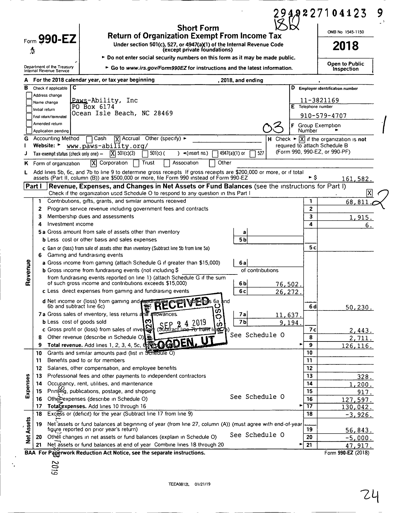 Image of first page of 2018 Form 990EZ for Paws-Ability