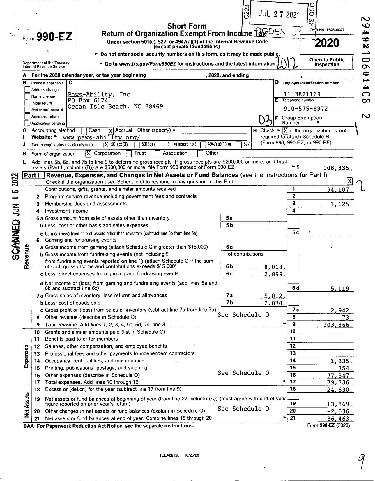 Image of first page of 2020 Form 990EZ for Paws-Ability