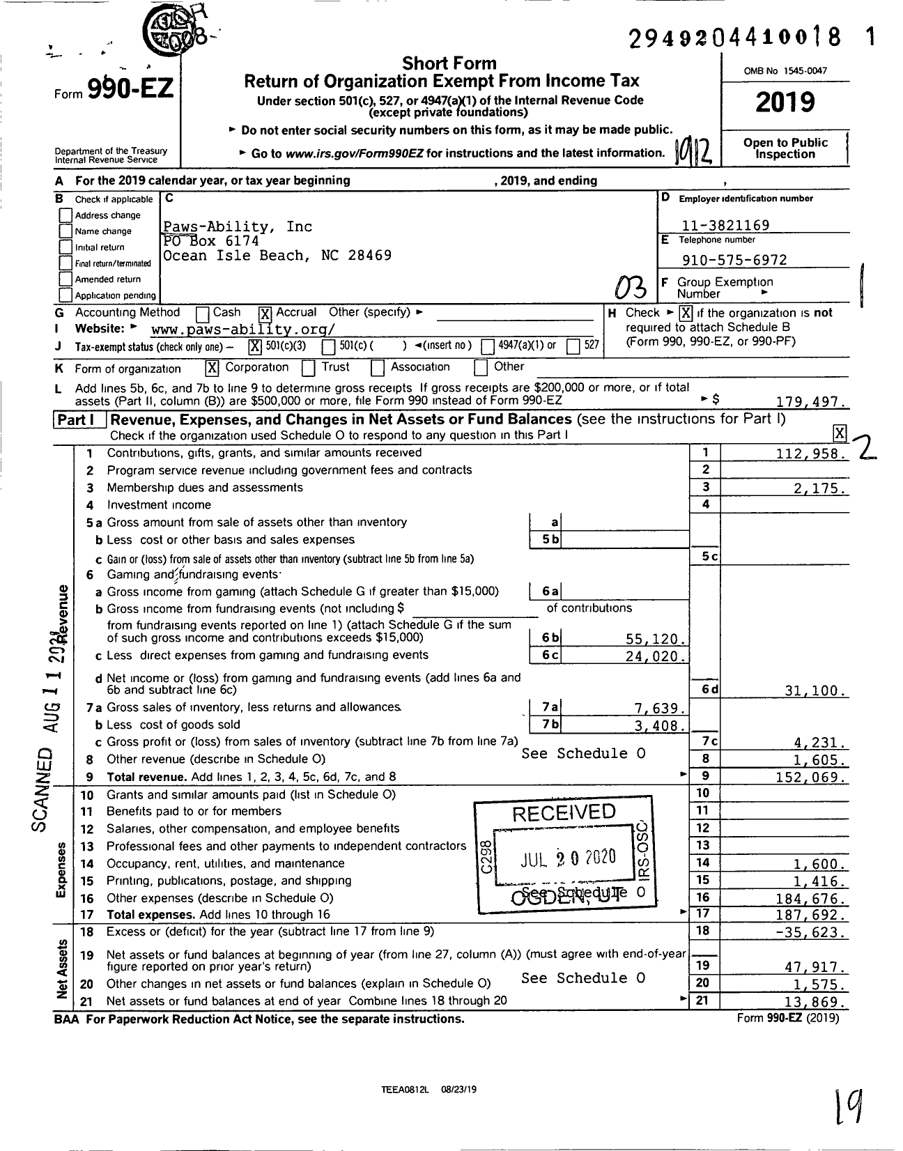 Image of first page of 2019 Form 990EZ for Paws-Ability