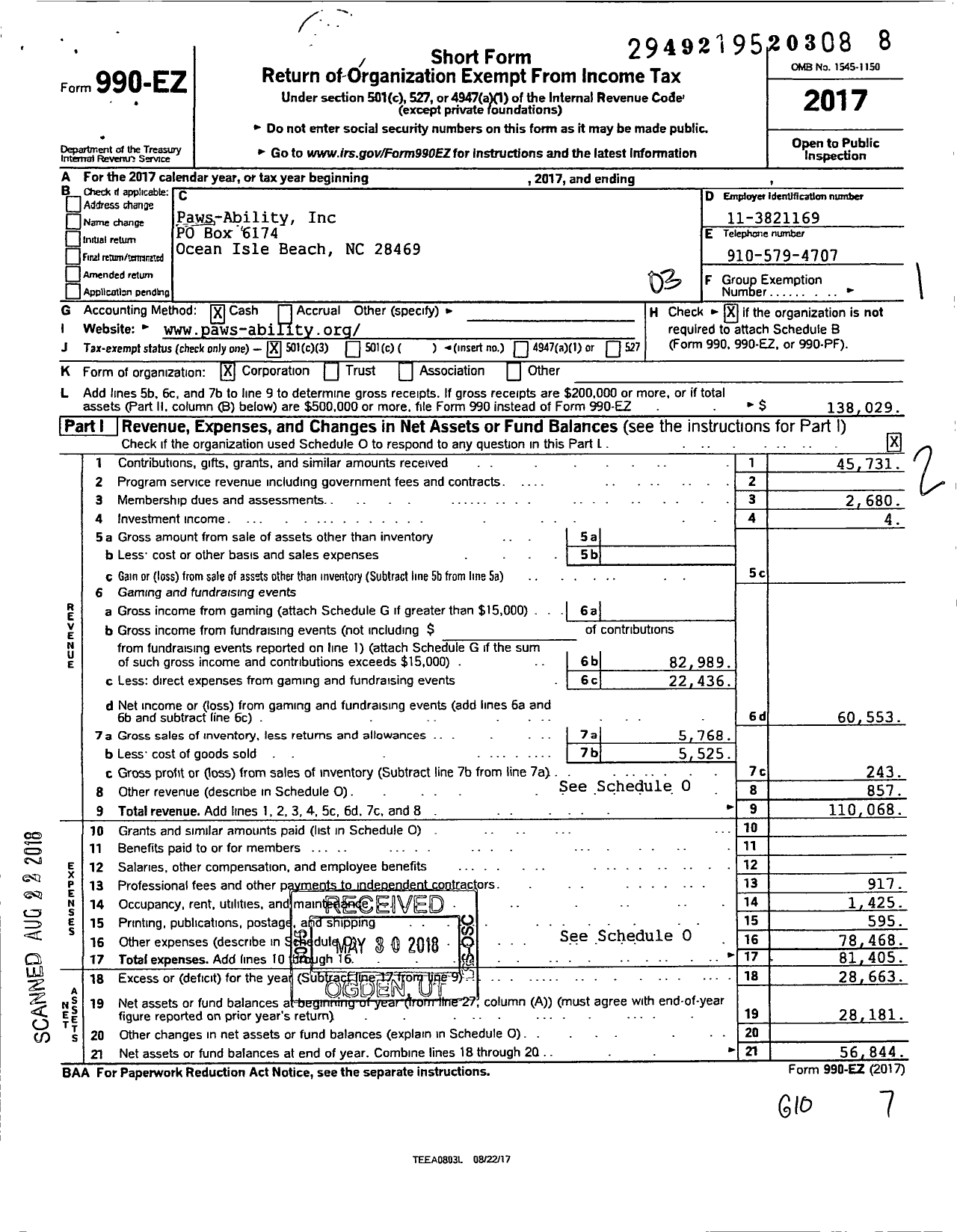 Image of first page of 2017 Form 990EZ for Paws-Ability