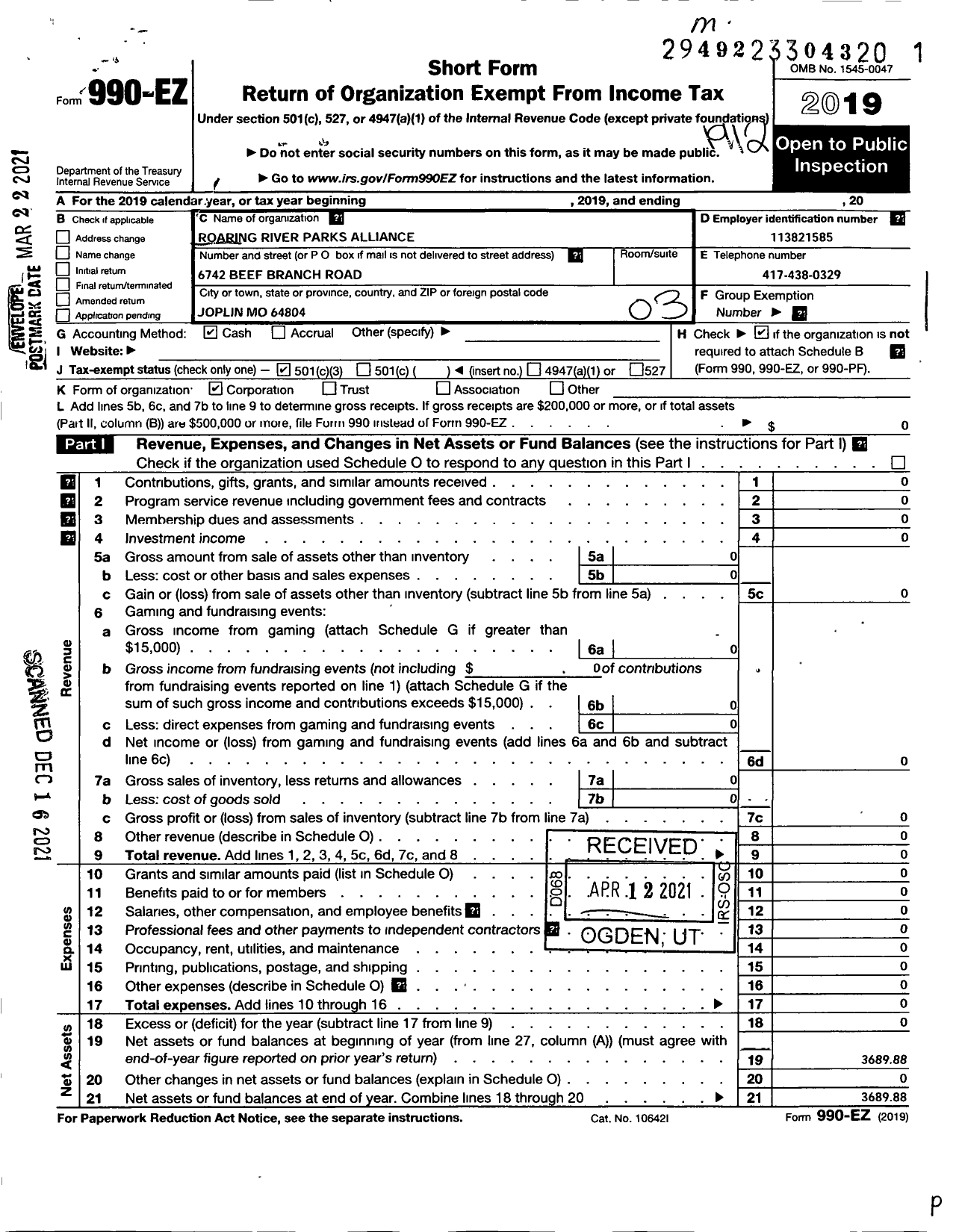 Image of first page of 2019 Form 990EZ for Roaring River State Parks Alliance