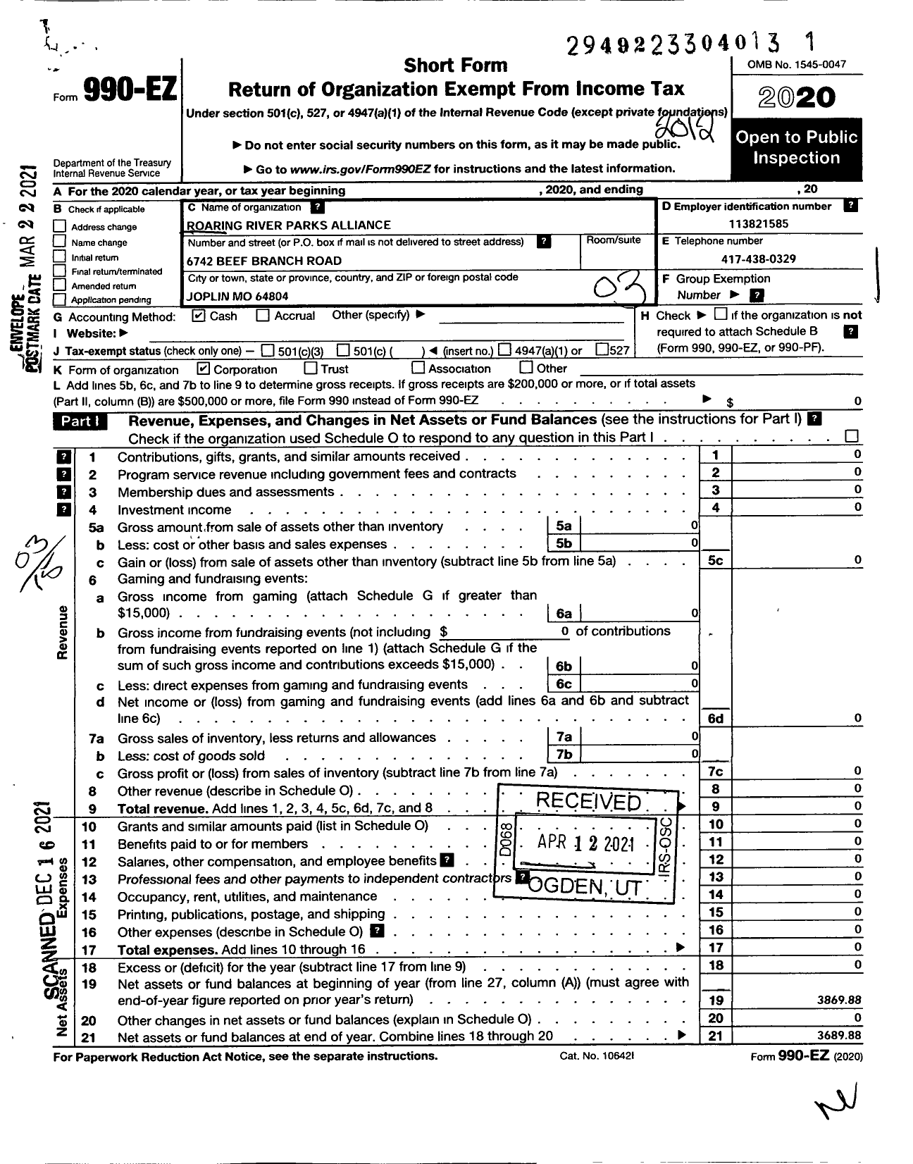 Image of first page of 2020 Form 990EZ for Roaring River State Parks Alliance