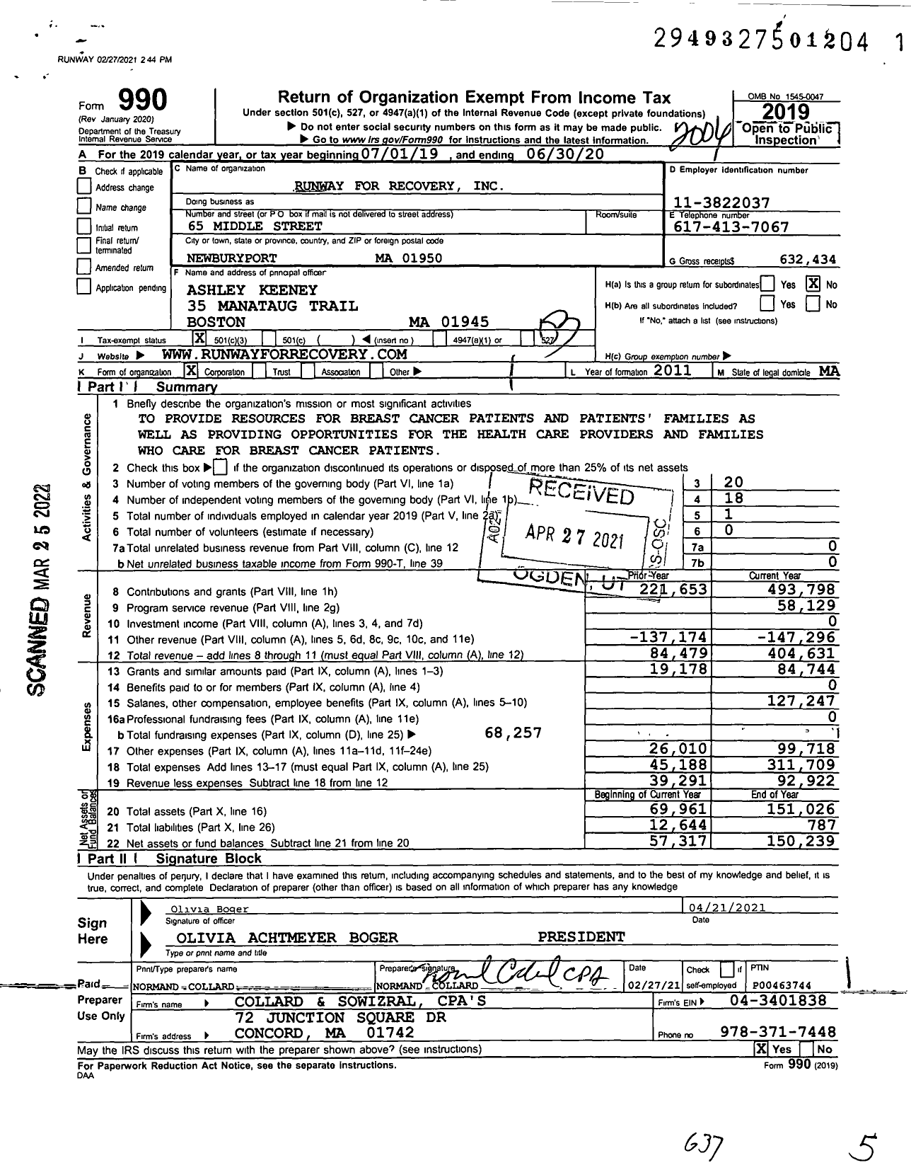 Image of first page of 2019 Form 990 for Runway for Recovery