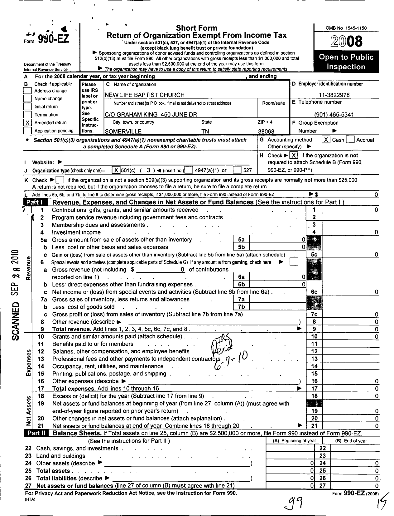 Image of first page of 2008 Form 990EZ for New Life Church