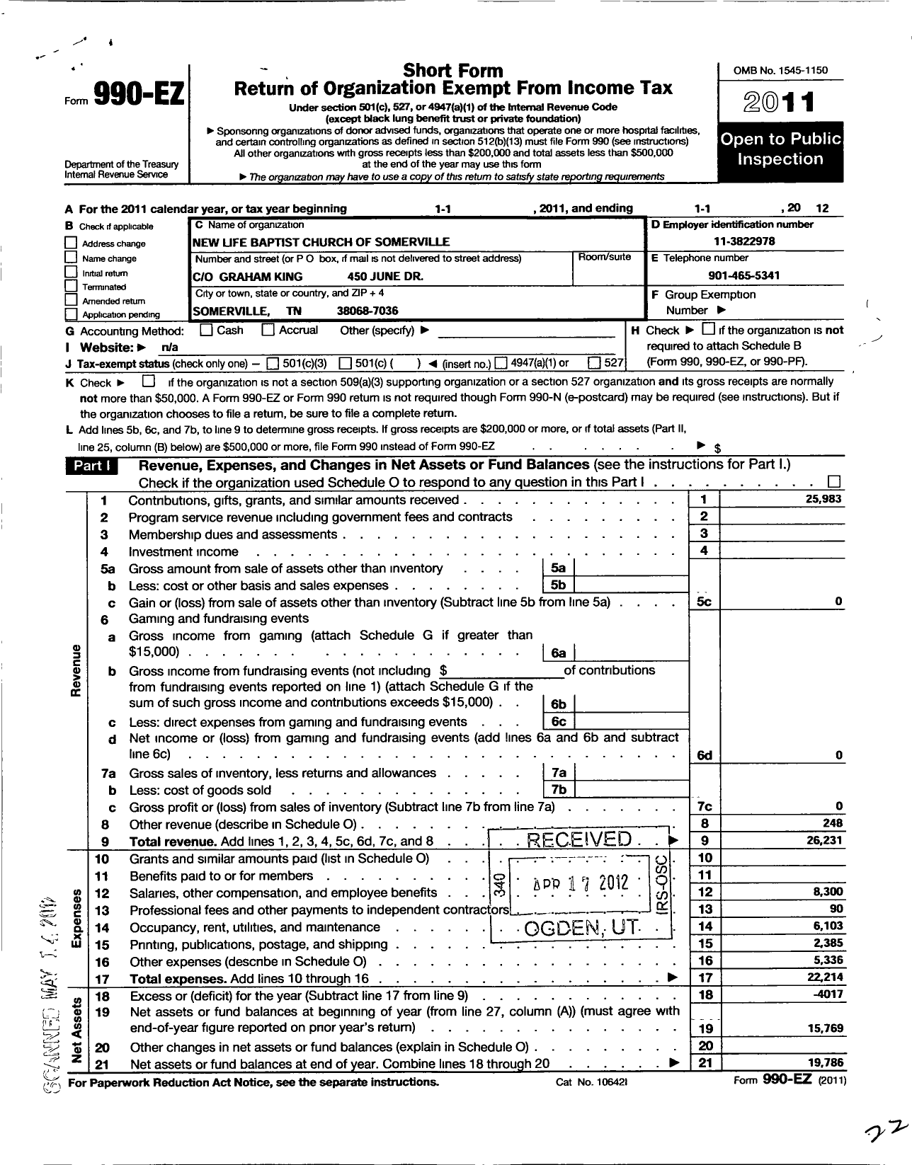 Image of first page of 2011 Form 990EO for New Life Church