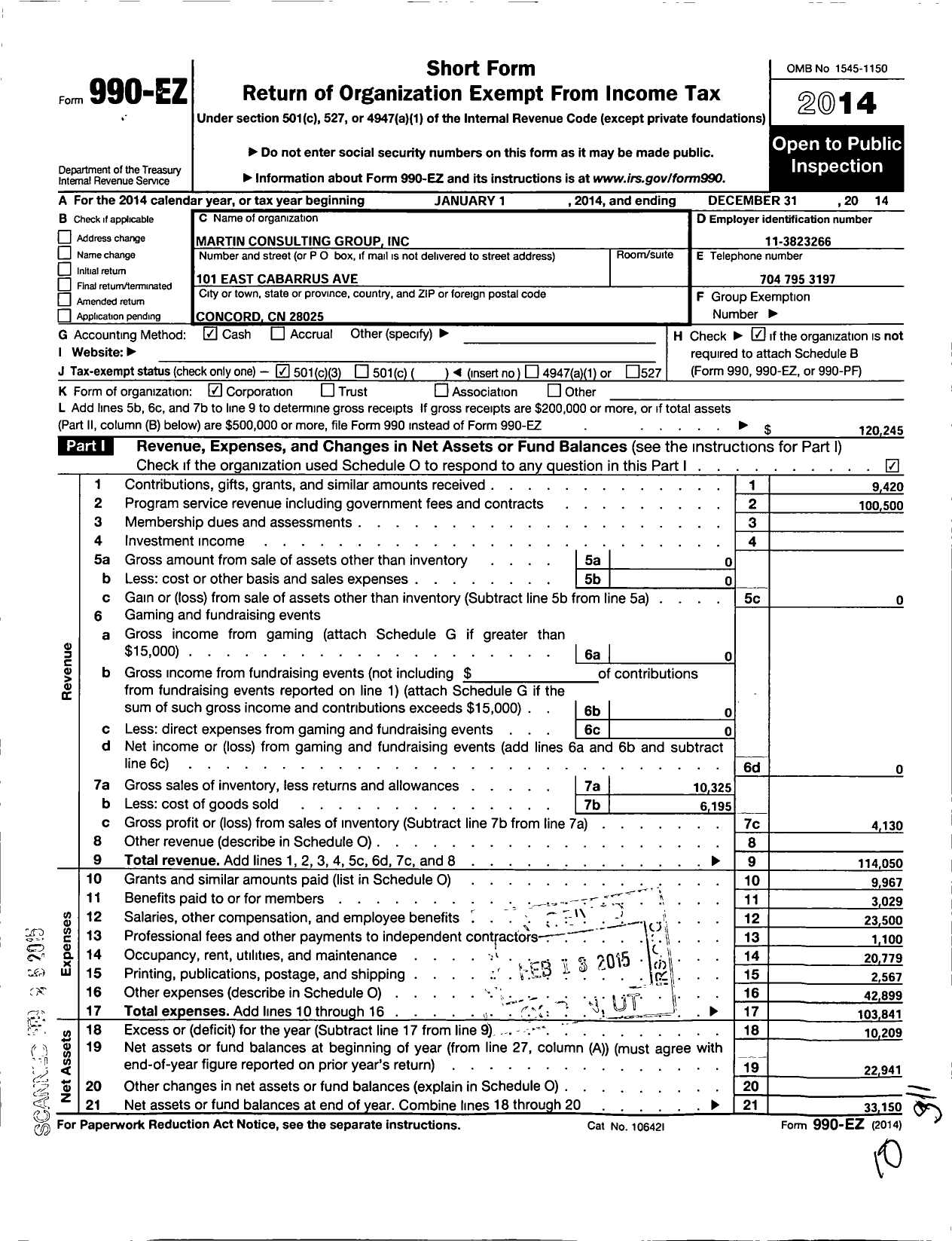 Image of first page of 2014 Form 990EZ for Martin Consulting Group