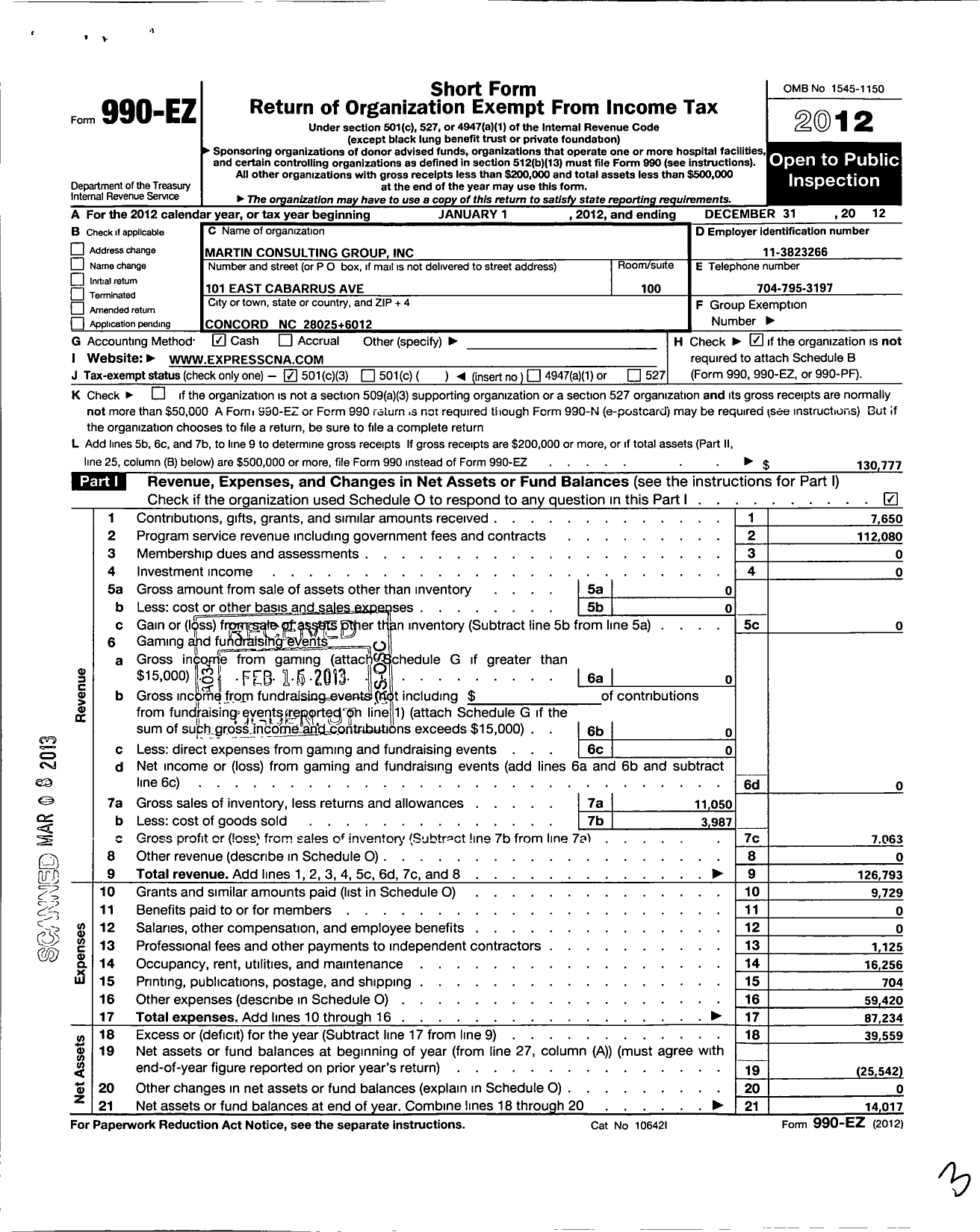 Image of first page of 2012 Form 990EZ for Martin Consulting Group