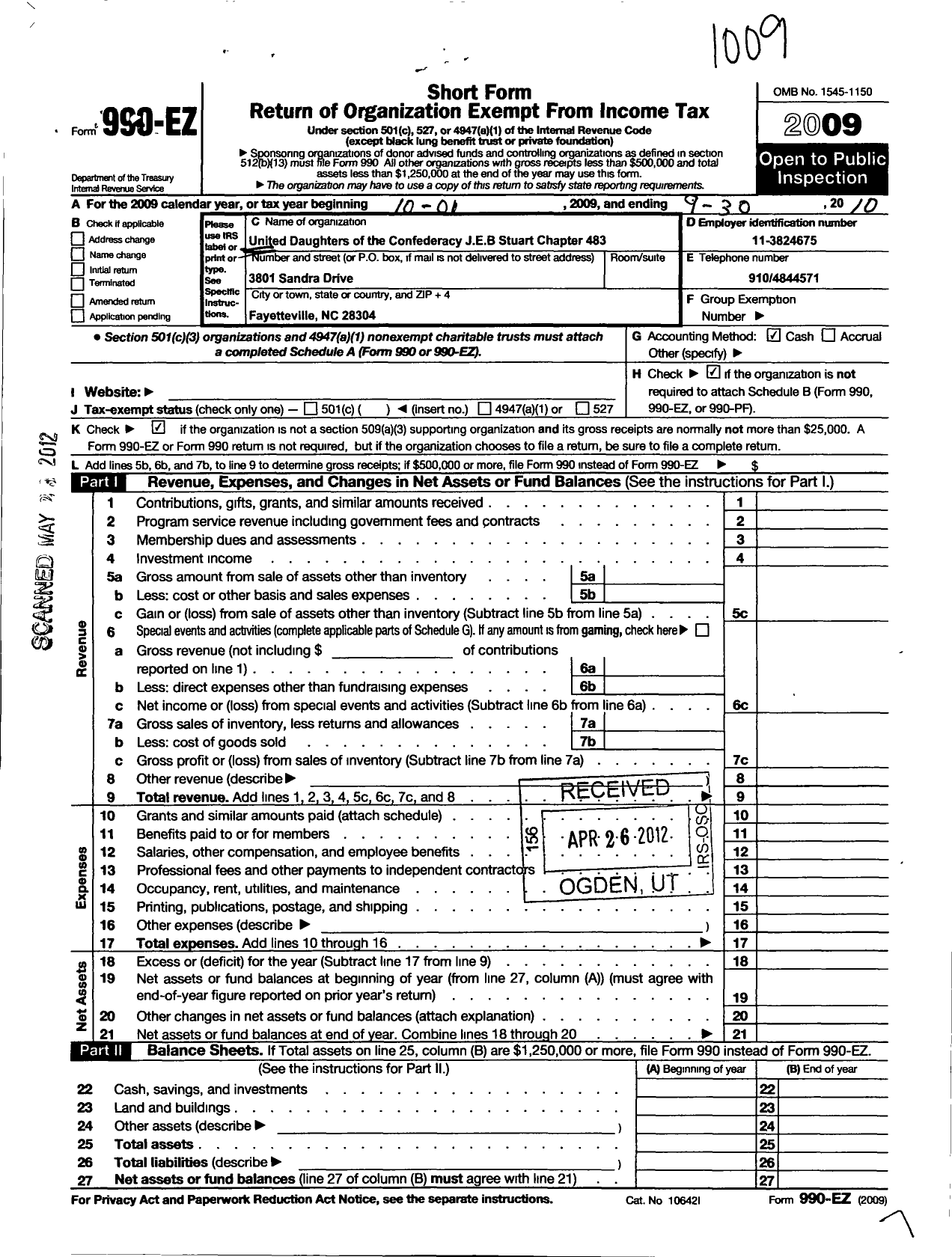 Image of first page of 2009 Form 990EO for United Daughters of the Confederacy - 483 Jeb Stuart Chapter