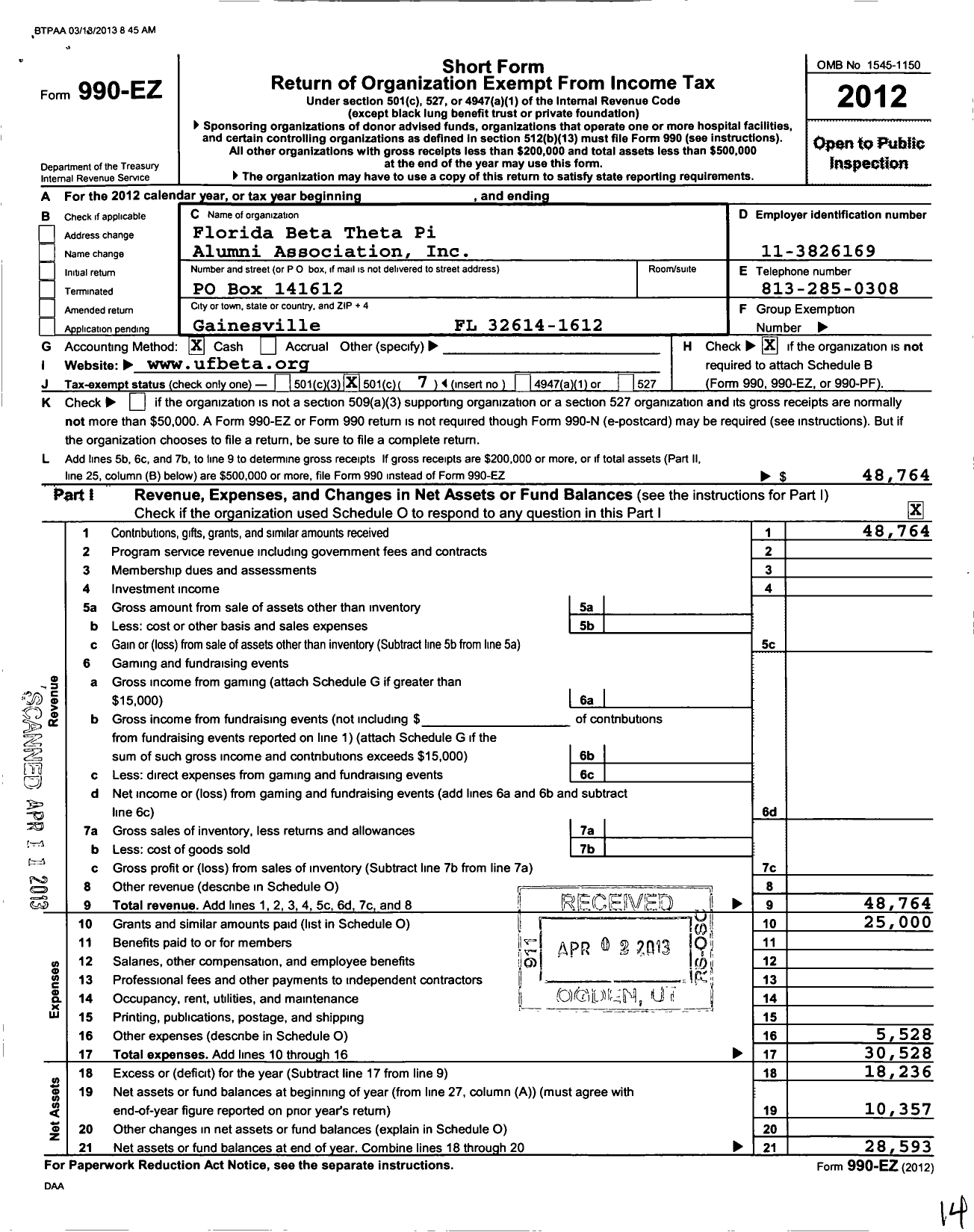 Image of first page of 2012 Form 990EO for Florida Beta Theta Pi Alumni Association