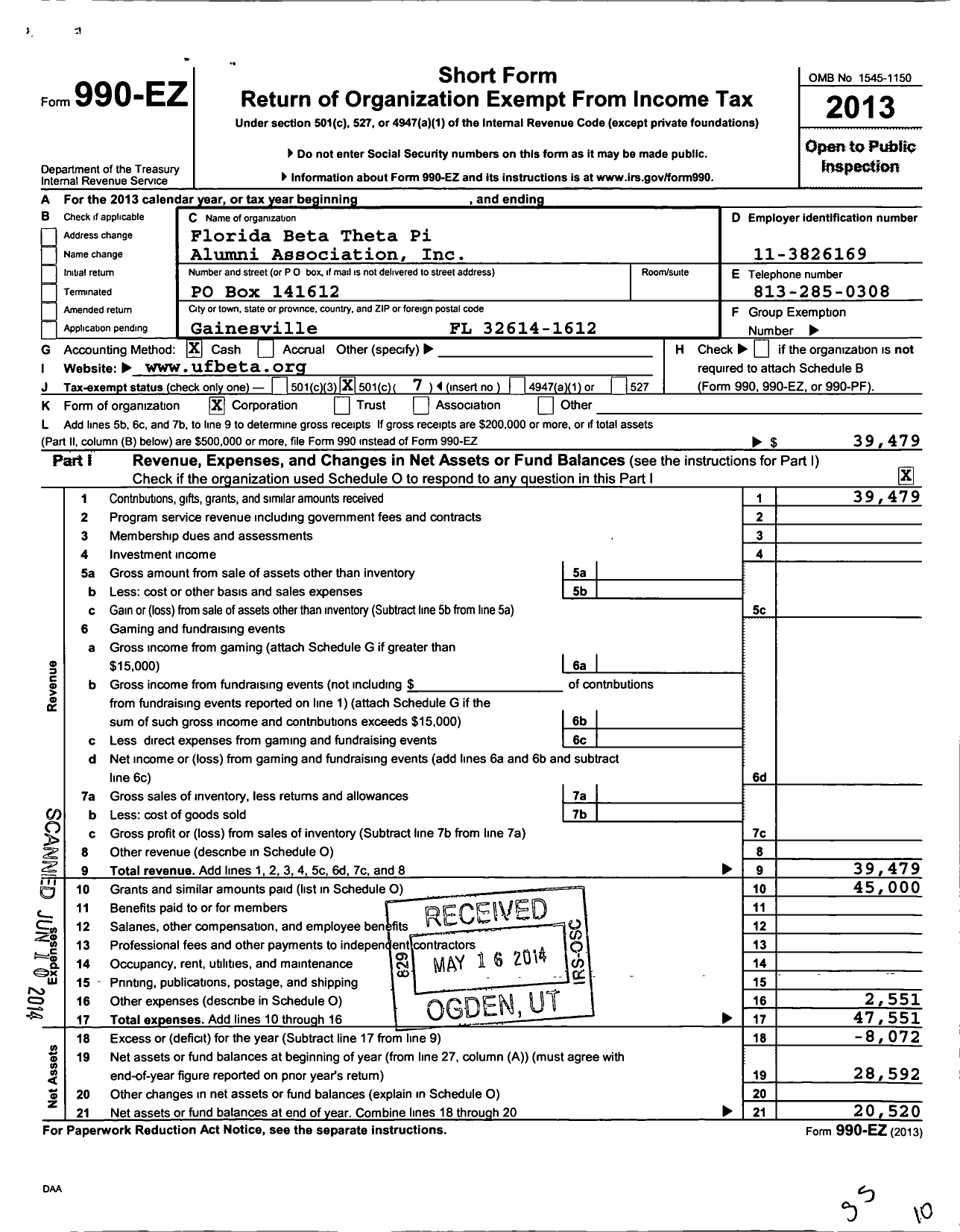 Image of first page of 2013 Form 990EO for Florida Beta Theta Pi Alumni Association