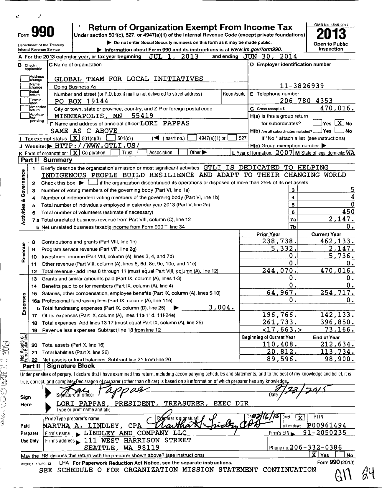 Image of first page of 2013 Form 990 for Global Team for Local Initiatives