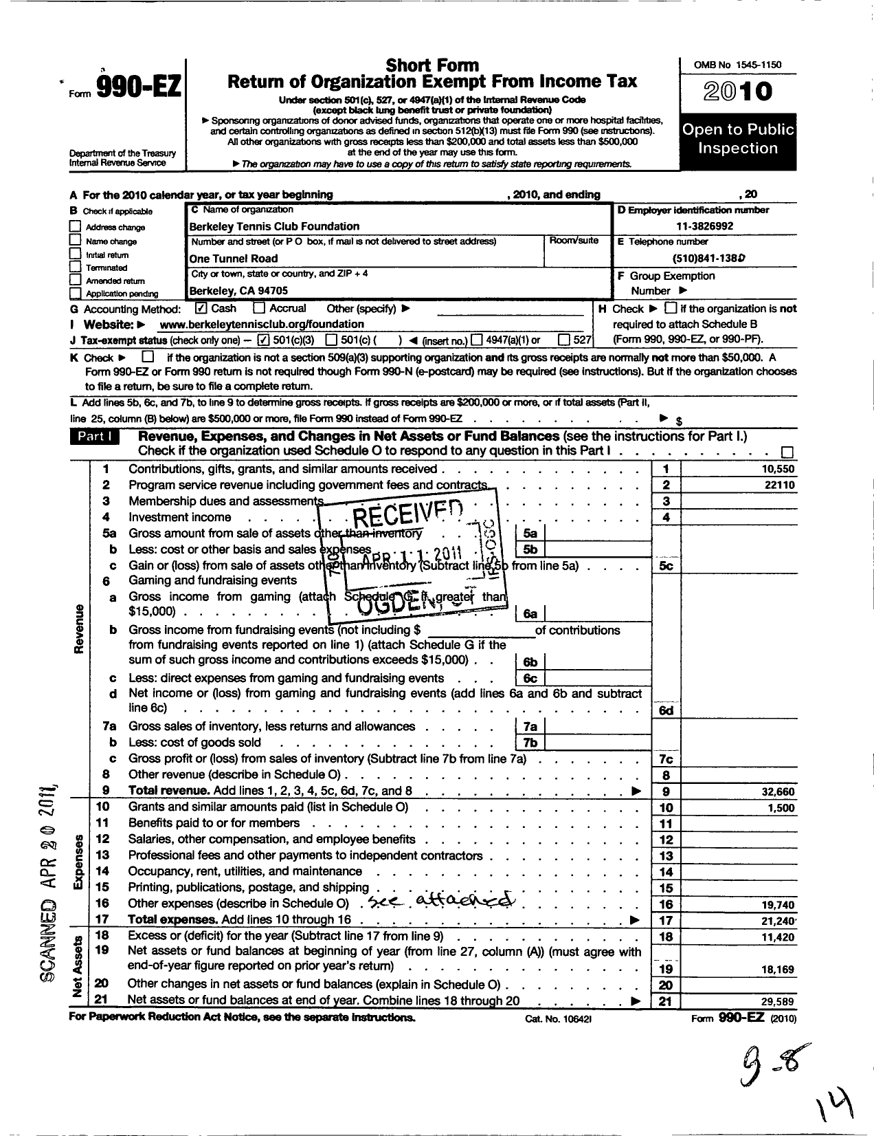 Image of first page of 2010 Form 990EZ for Berkeley Tennis Club Foundation