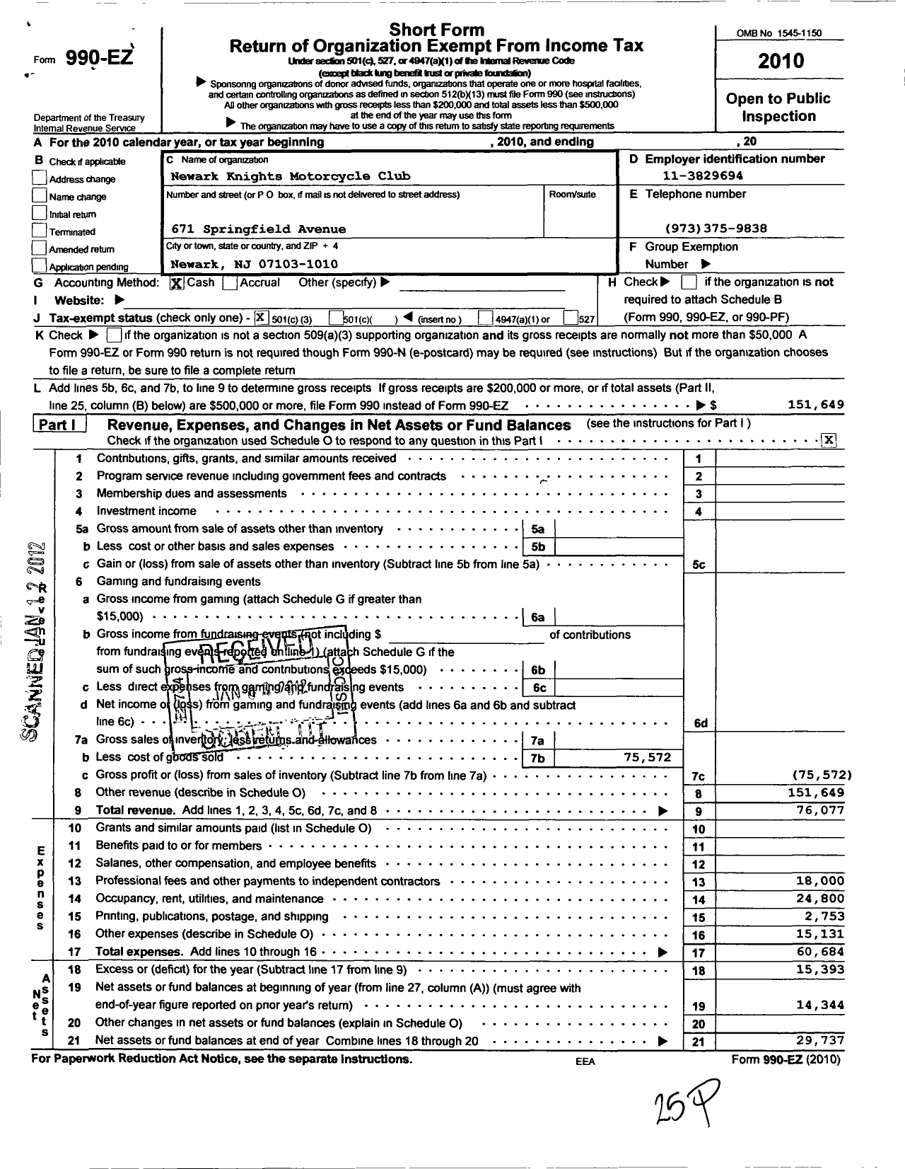 Image of first page of 2010 Form 990EZ for Newark Knights Motorcycle Club A NJ Nonprofit Corporation