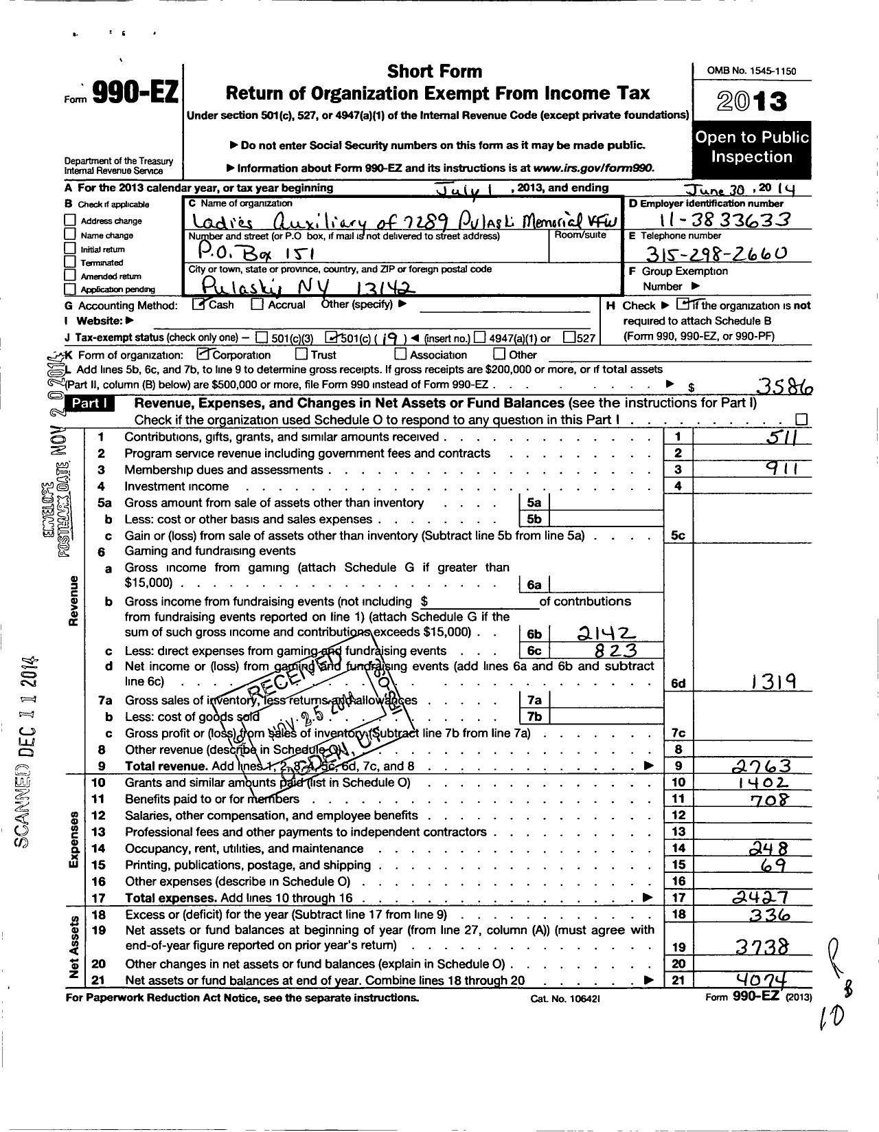 Image of first page of 2013 Form 990EO for Department of New York VFW Auxiliary - Pulaski Memorial Post 7289