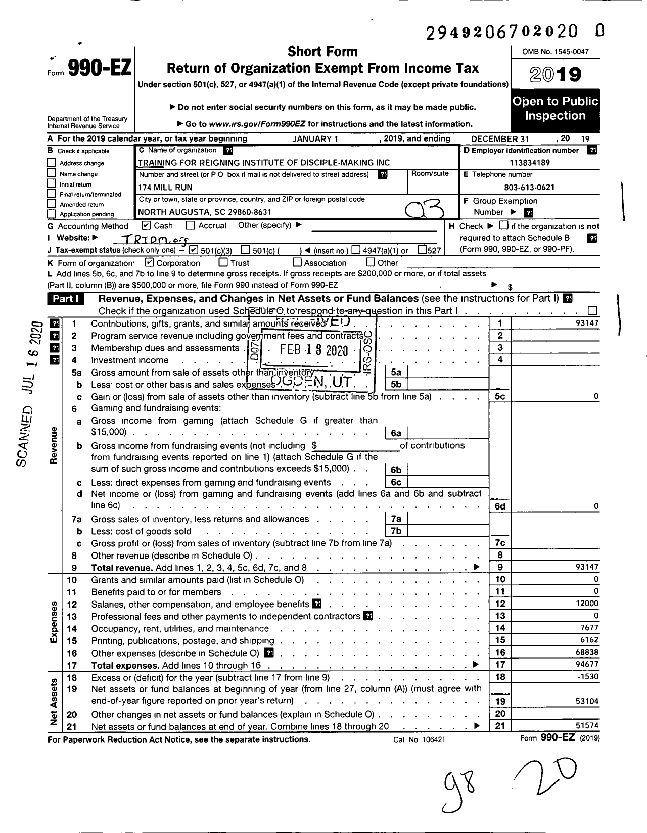 Image of first page of 2019 Form 990EZ for Training for Reigning Institute Pof Disciple-Making