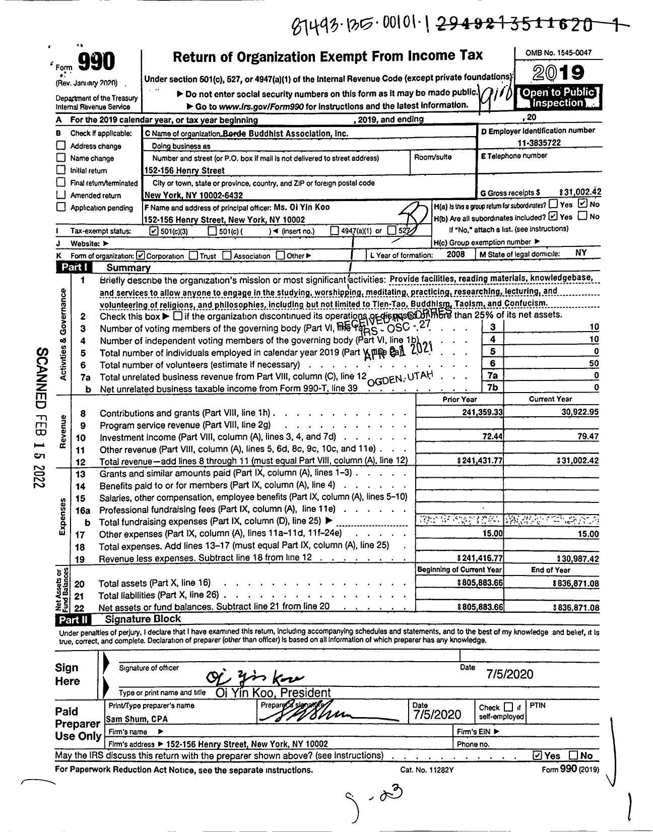 Image of first page of 2019 Form 990 for Borde Buddhist Assocation