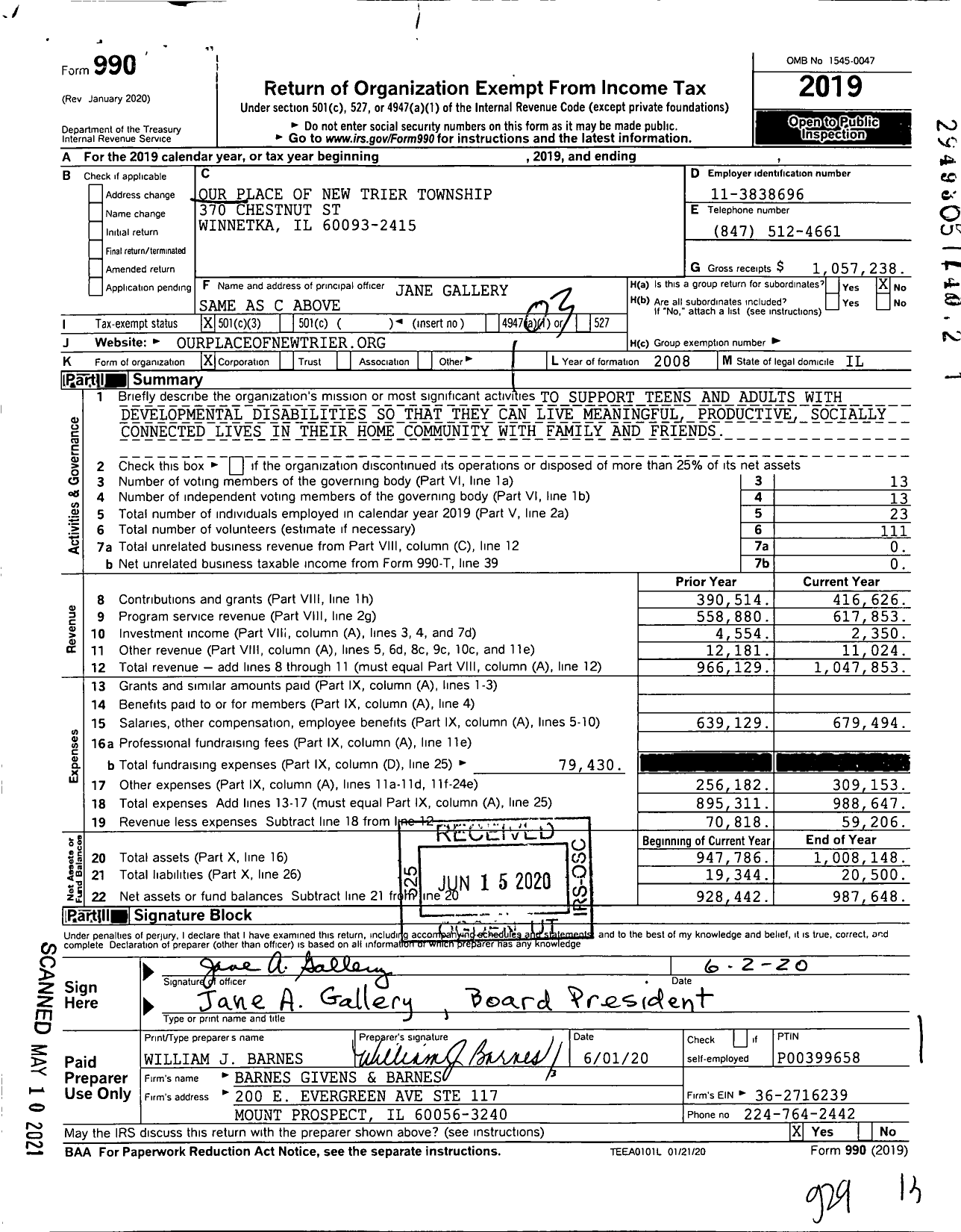 Image of first page of 2019 Form 990 for Our Place of New Trier Township