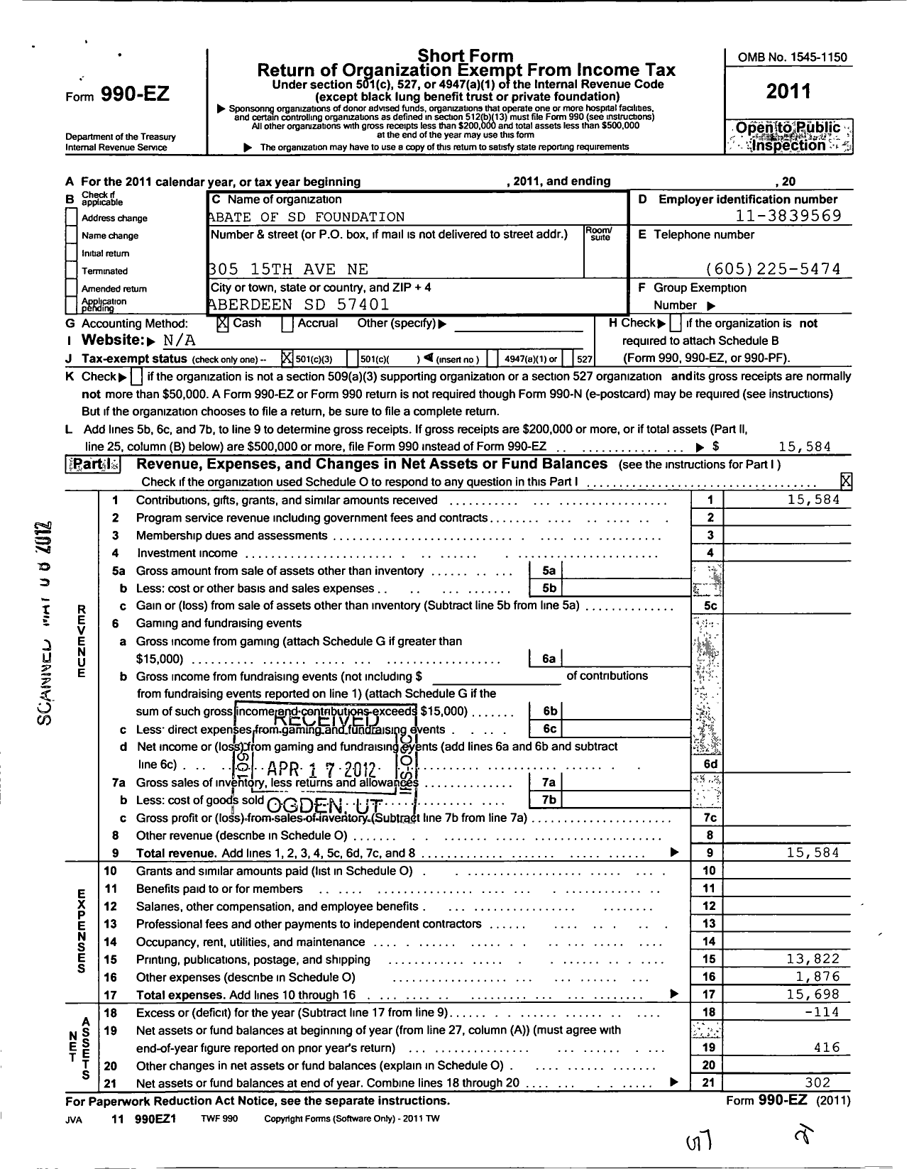 Image of first page of 2011 Form 990EZ for Abate of South Dakota Foundation