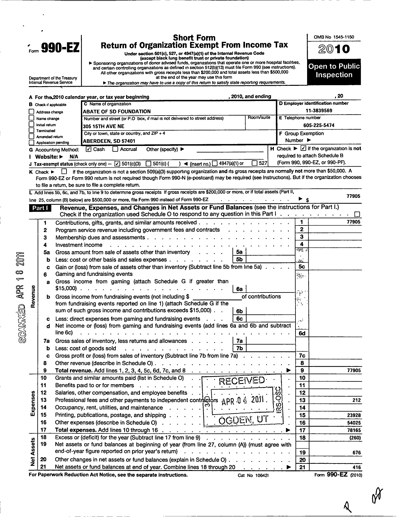 Image of first page of 2010 Form 990EZ for Abate of South Dakota Foundation