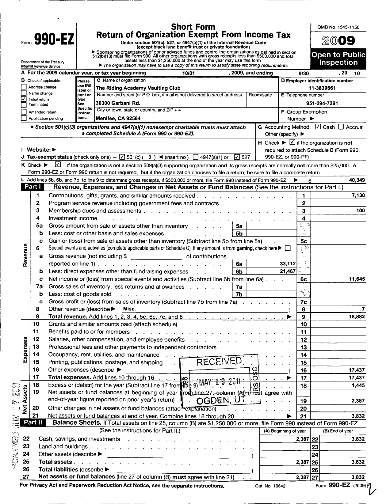 Image of first page of 2009 Form 990EZ for American Vaulting Association / The Riding Academy Vaulting Club