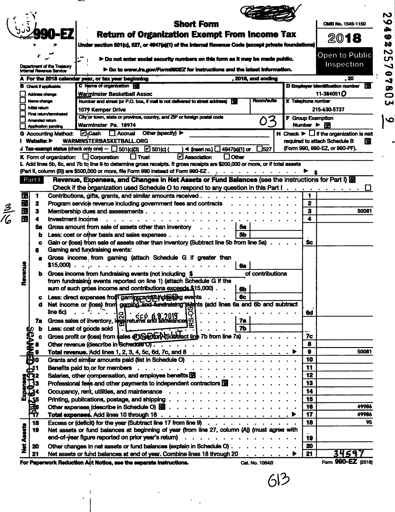 Image of first page of 2018 Form 990EZ for Warminster Basketball Association