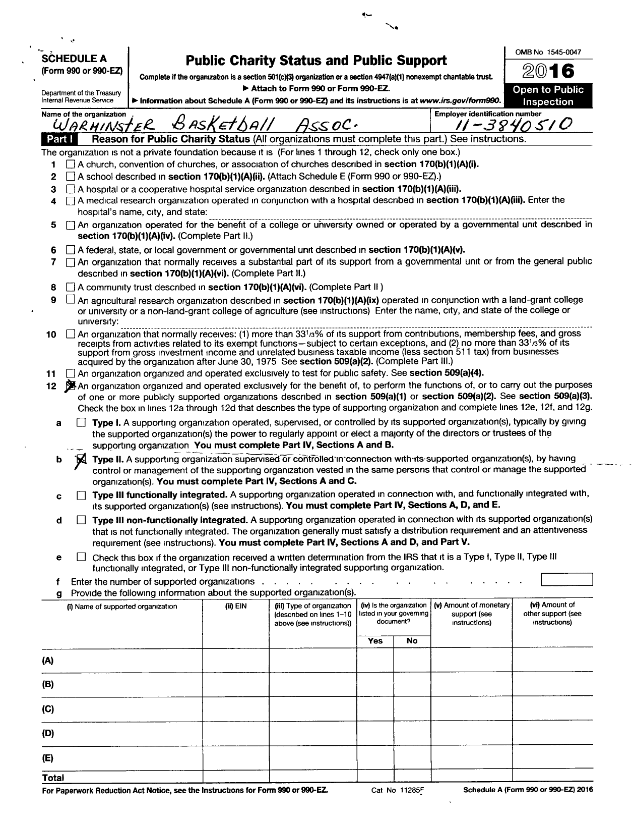 Image of first page of 2016 Form 990ER for Warminster Basketball Association