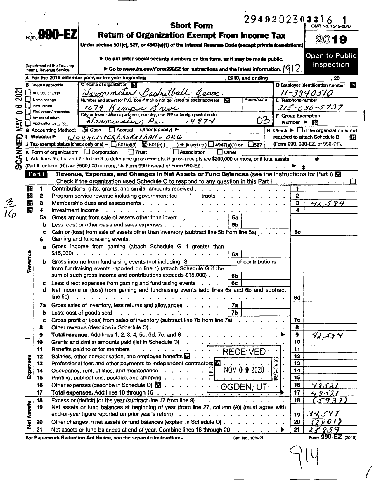 Image of first page of 2019 Form 990EZ for Warminster Basketball Association