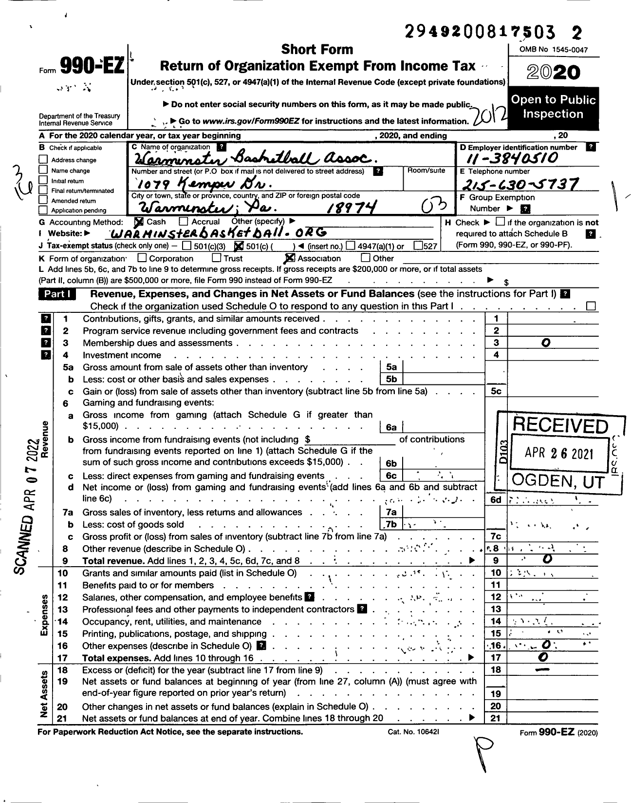 Image of first page of 2020 Form 990EZ for Warminster Basketball Association