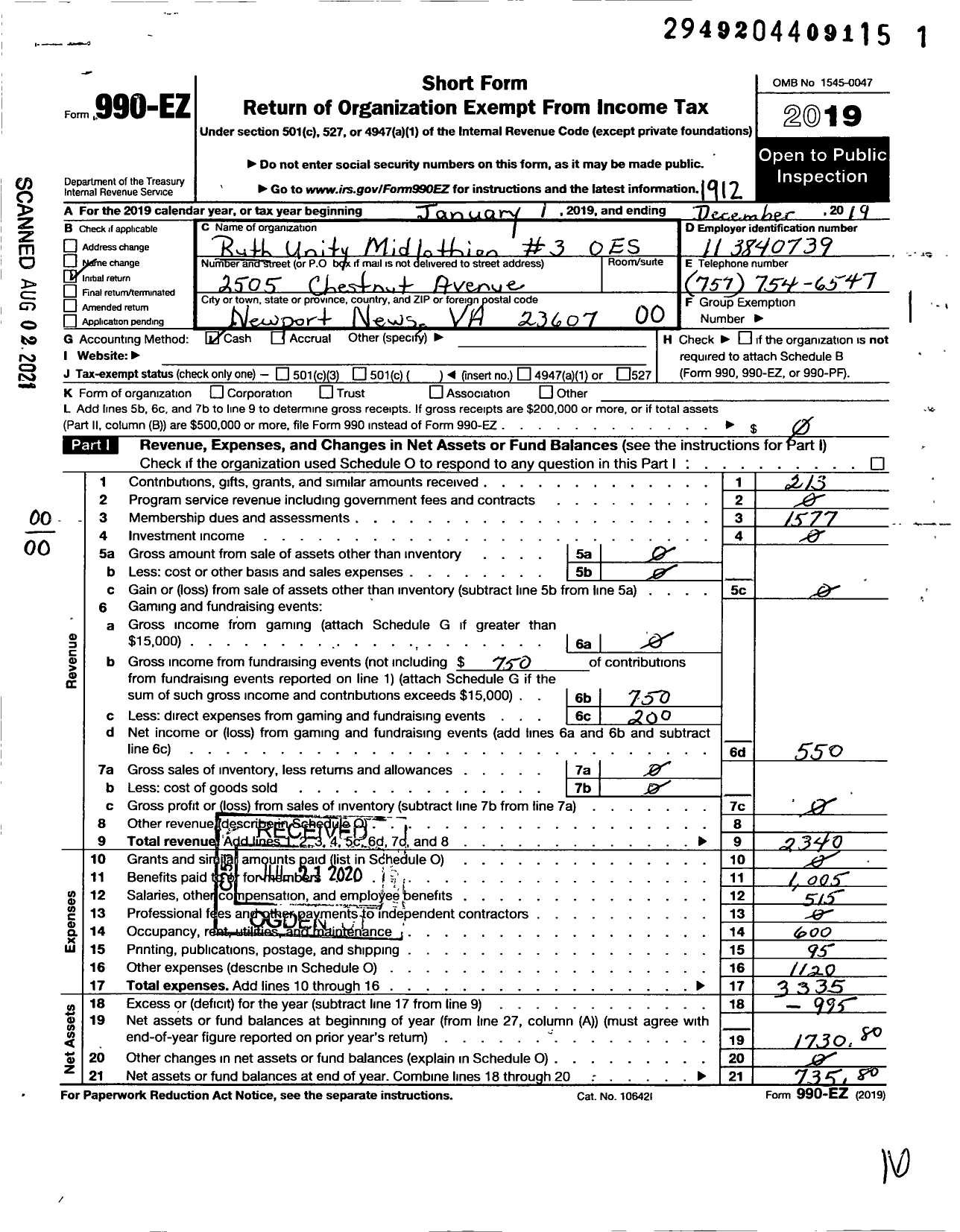 Image of first page of 2019 Form 990EO for Grand Order of the Eastern Star of Virginia Pha / Ruth Unity Chapter