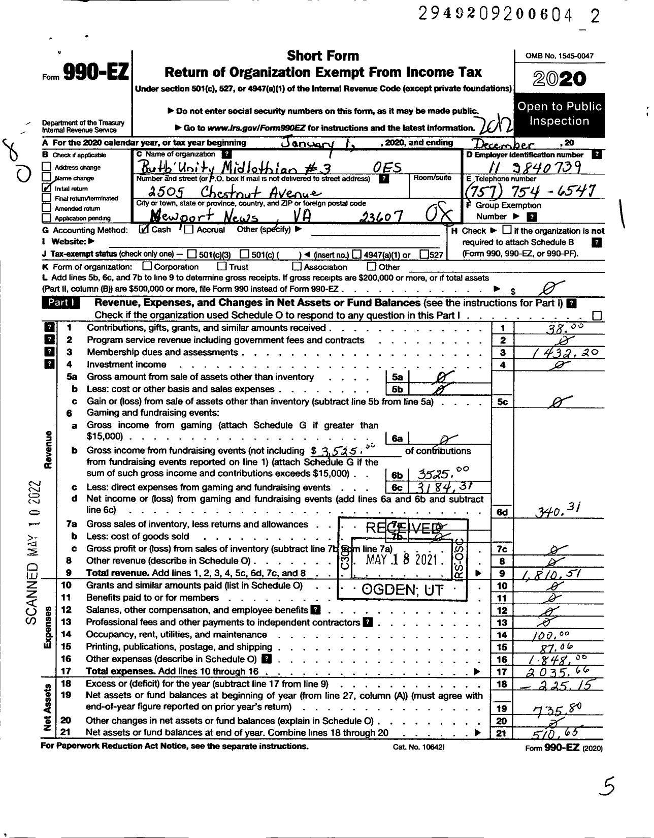 Image of first page of 2020 Form 990EO for Grand Order of the Eastern Star of Virginia Pha / Ruth Unity Chapter