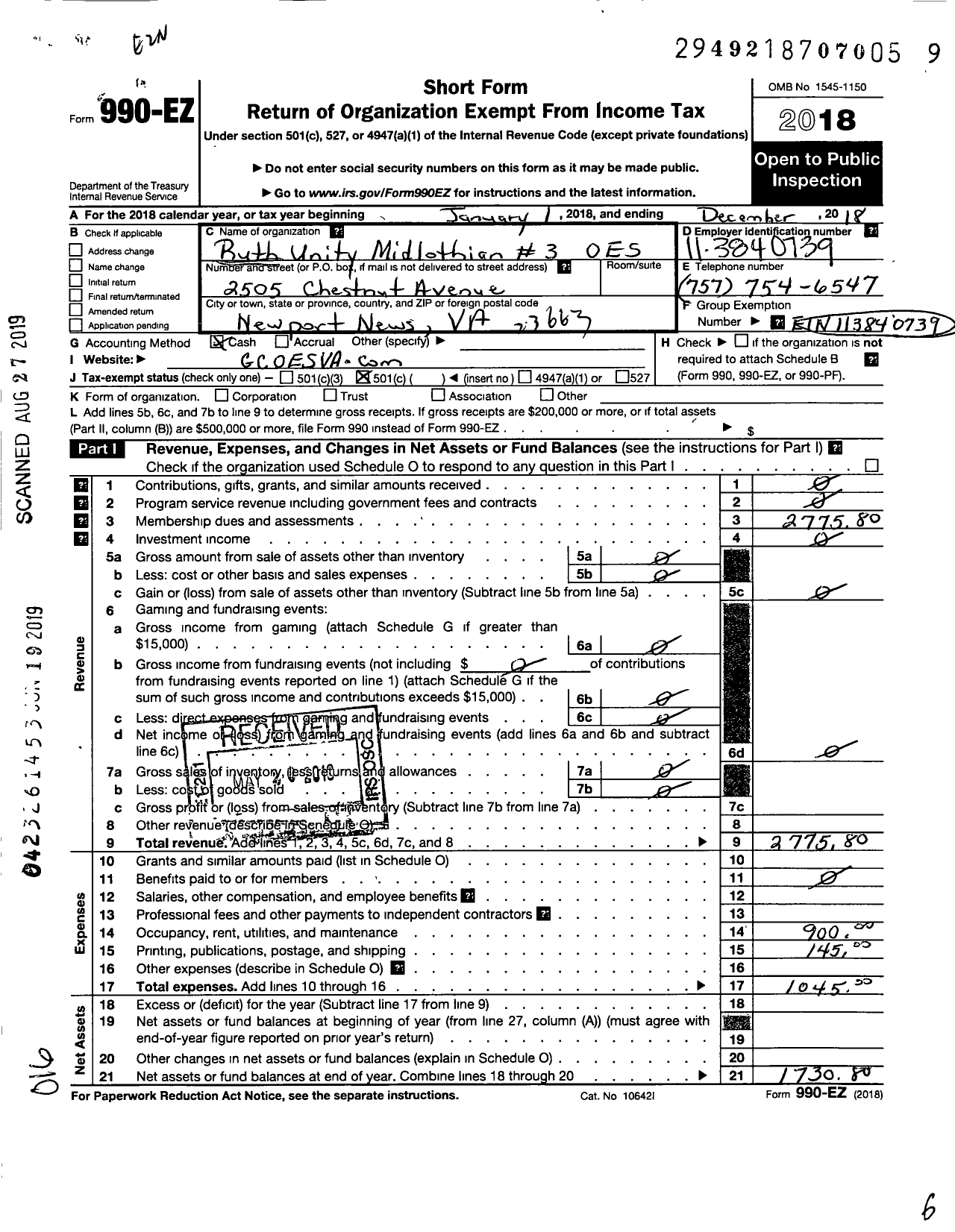 Image of first page of 2018 Form 990EO for Grand Order of the Eastern Star of Virginia Pha / Ruth Unity Chapter