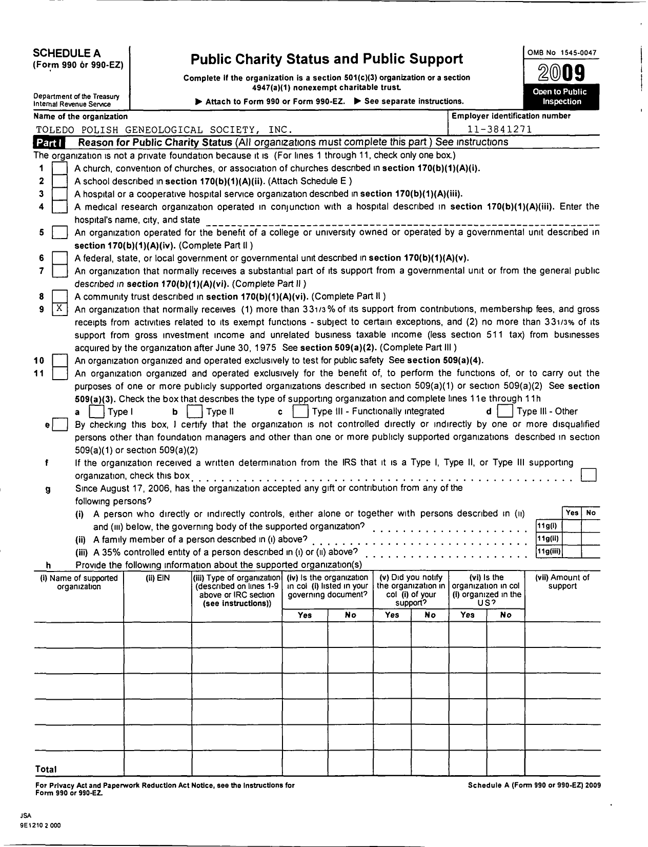 Image of first page of 2009 Form 990ER for Toledo Polish Genealogical Society