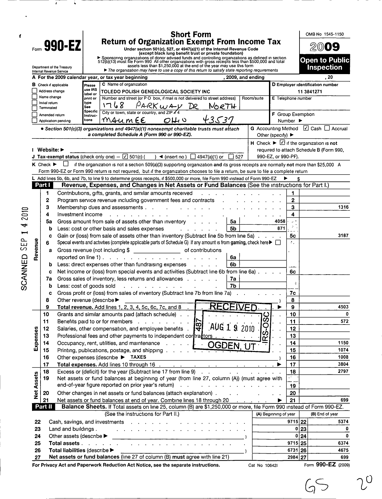 Image of first page of 2009 Form 990EO for Toledo Polish Genealogical Society