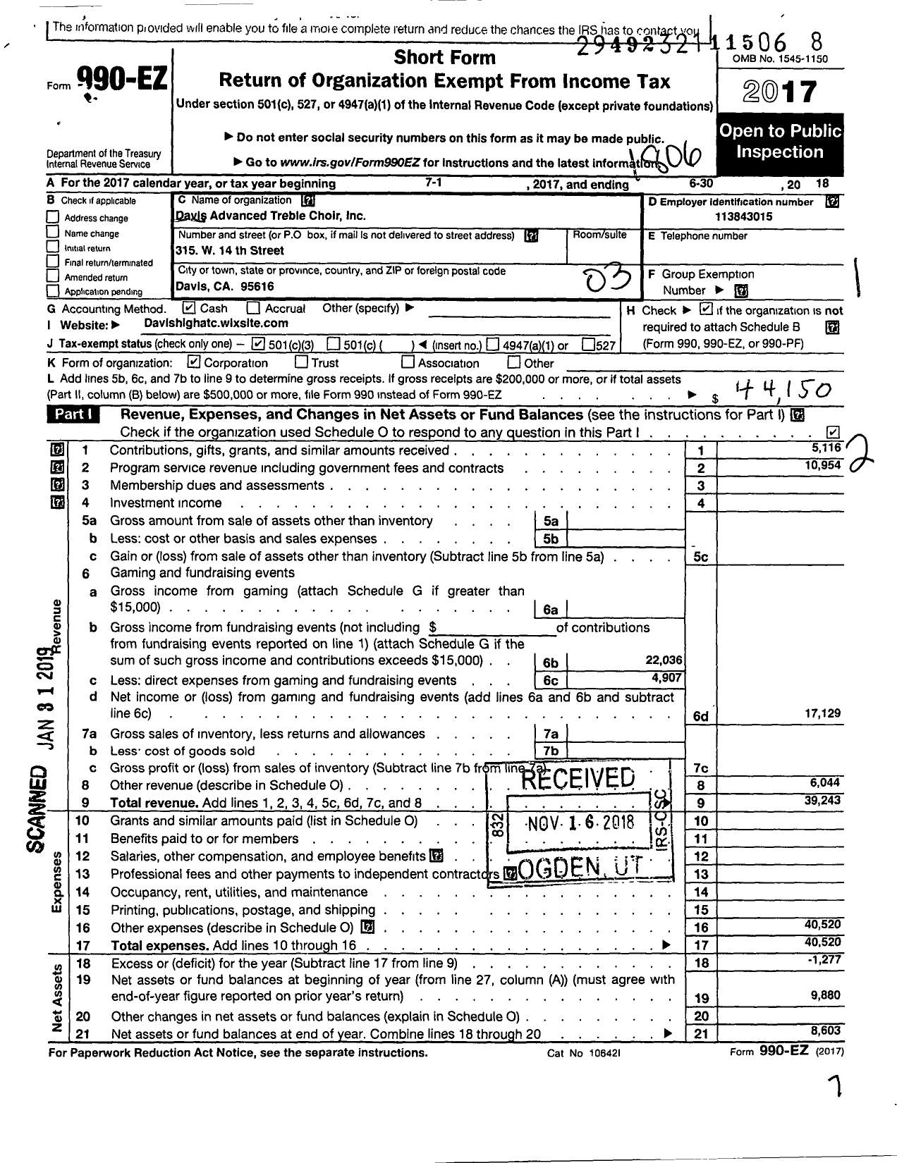 Image of first page of 2017 Form 990EZ for Davis Advanced Treble Choir