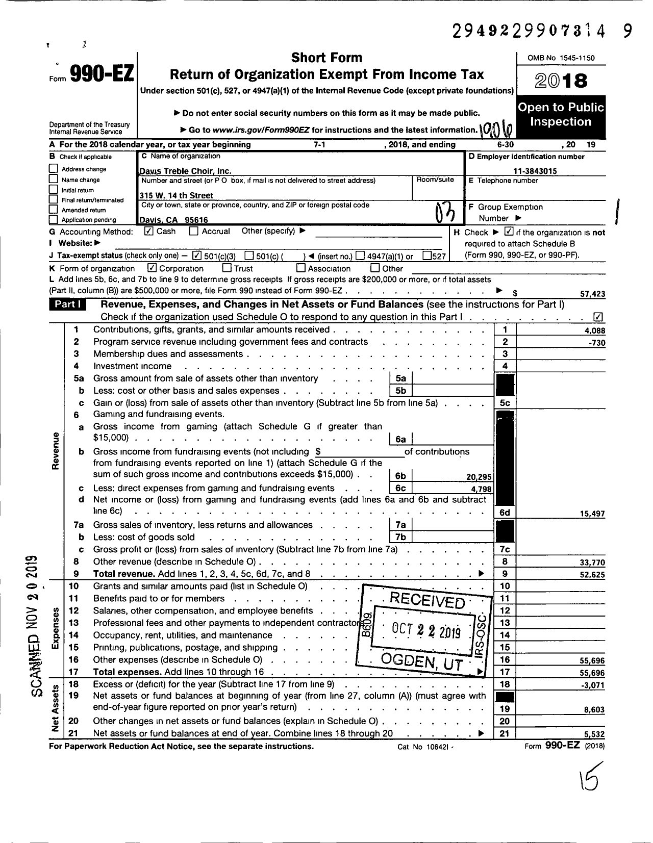 Image of first page of 2018 Form 990EZ for Davis Advanced Treble Choir