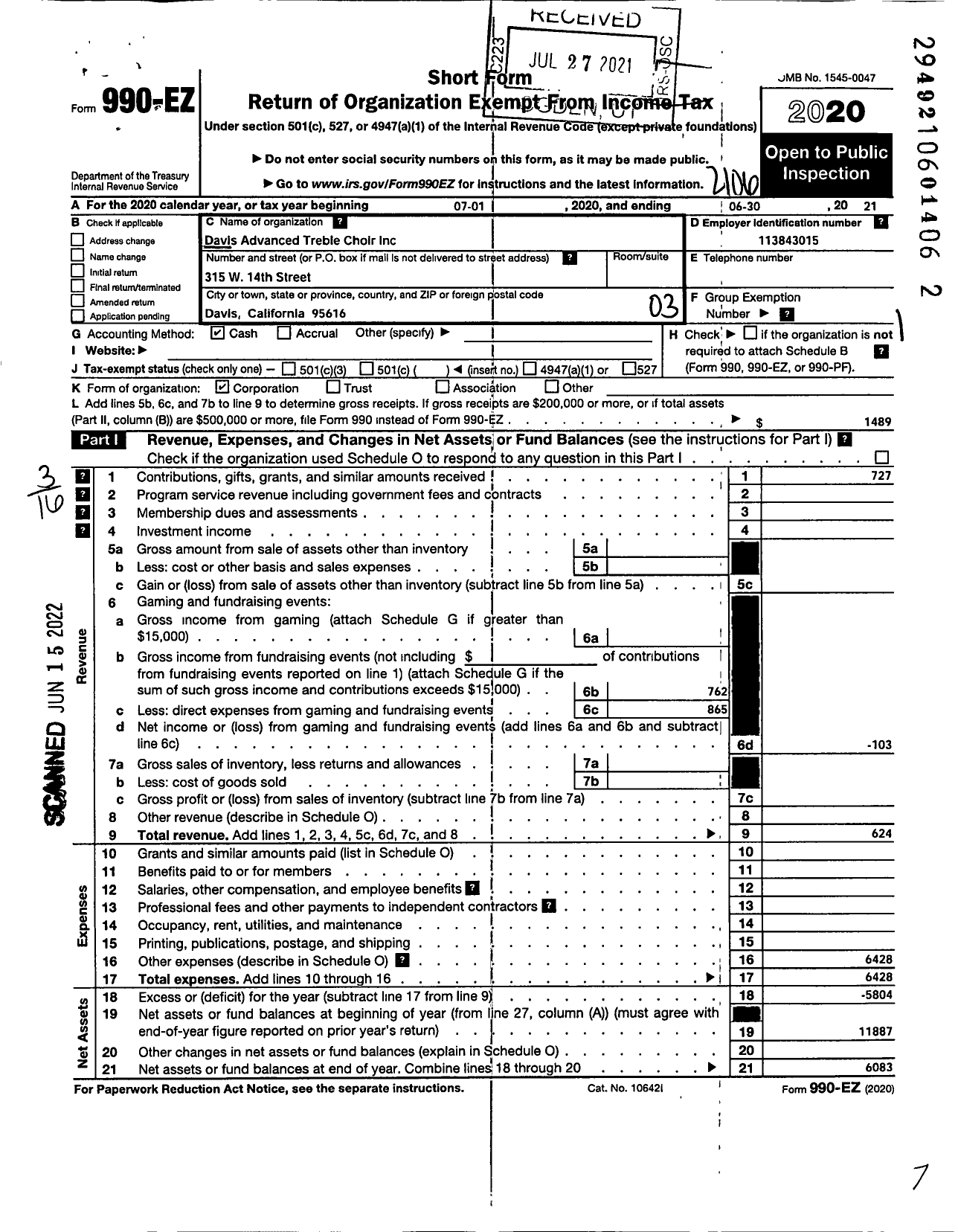 Image of first page of 2020 Form 990EZ for Davis Advanced Treble Choir