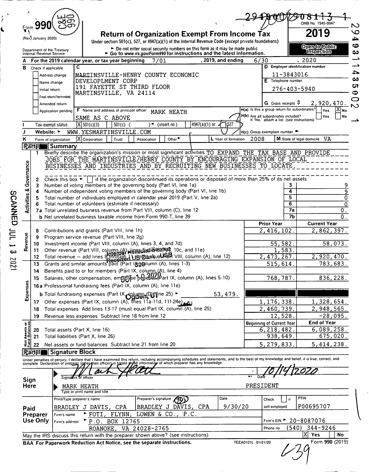 Image of first page of 2019 Form 990 for Martinsville-Henry County Economic Development Corporation