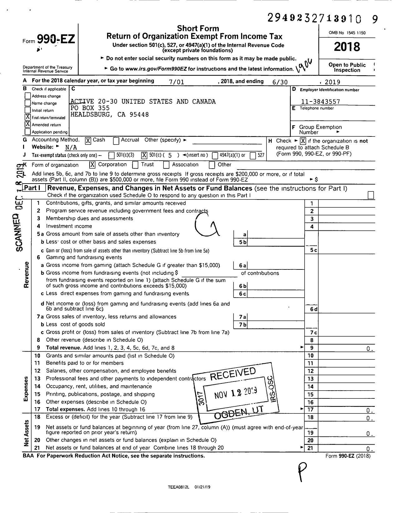 Image of first page of 2018 Form 990EO for Active 20-30 United States and Canada - 205 Healdsburg