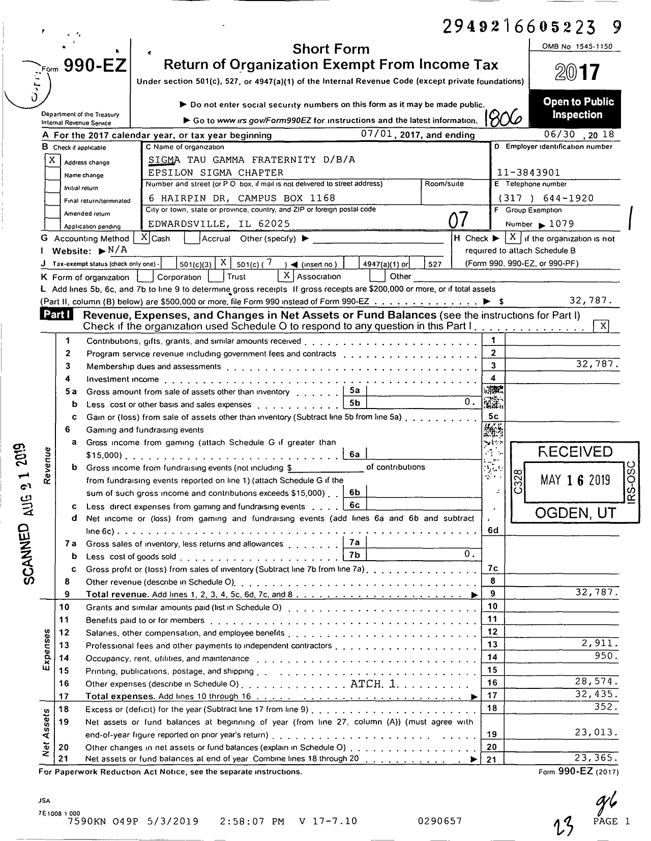 Image of first page of 2017 Form 990EO for Epsilon Sigma