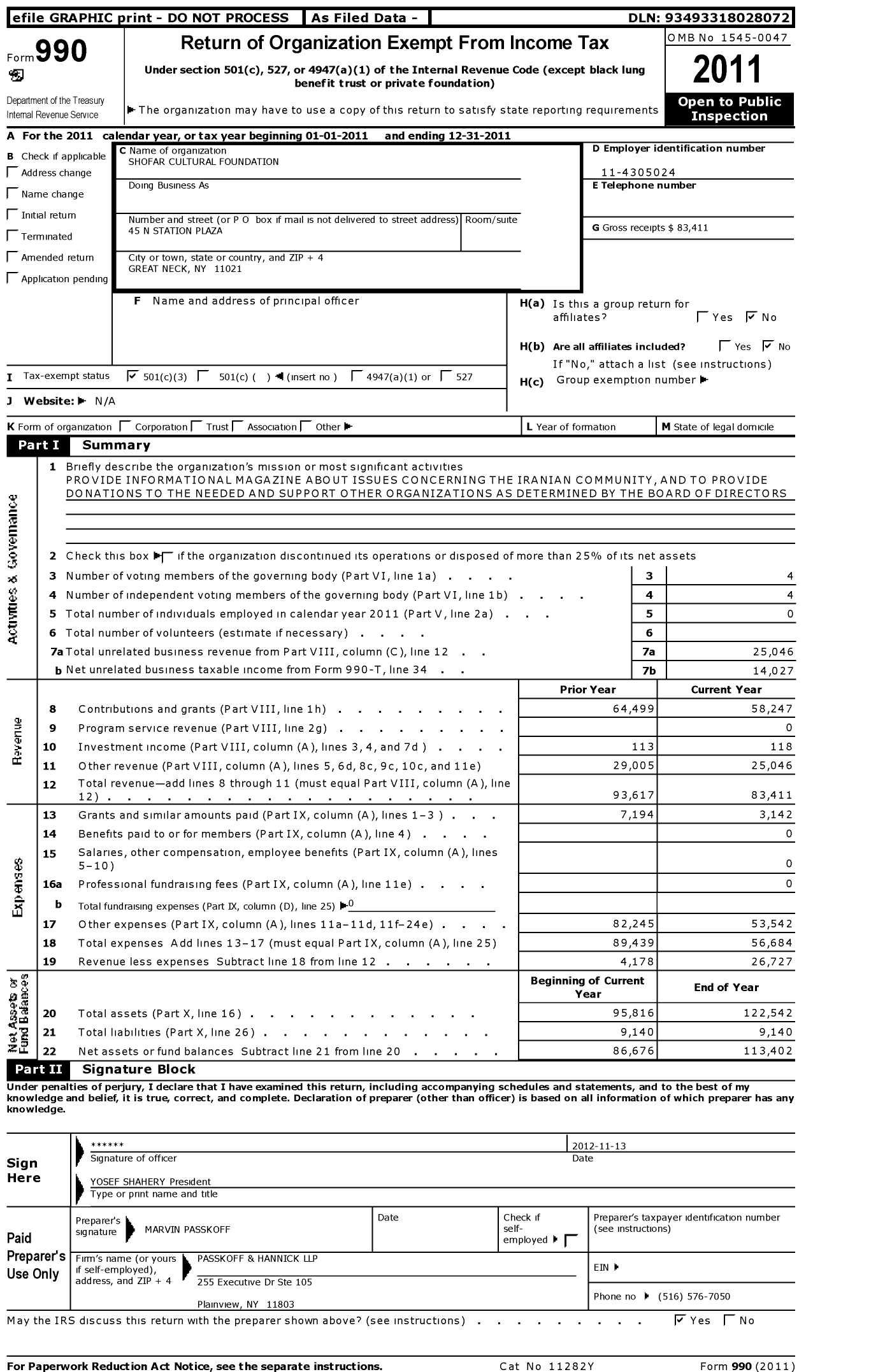 Image of first page of 2011 Form 990 for Shofar Cultural Foundation