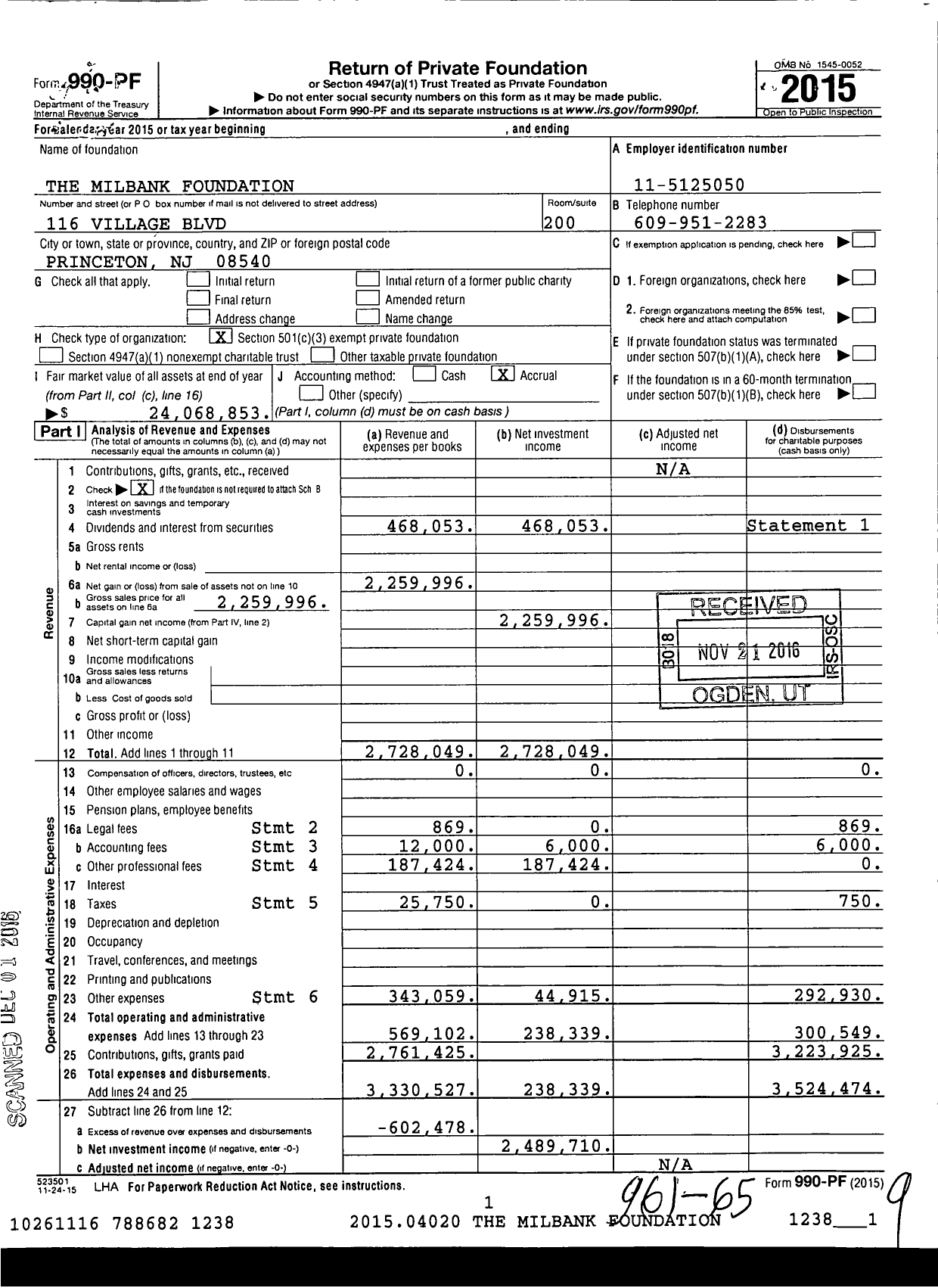 Image of first page of 2015 Form 990PF for Milbank Foundation for Rehabilitation