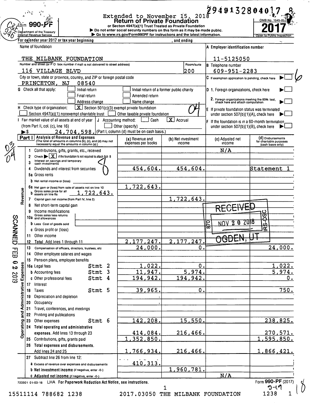 Image of first page of 2017 Form 990PF for Milbank Foundation for Rehabilitation