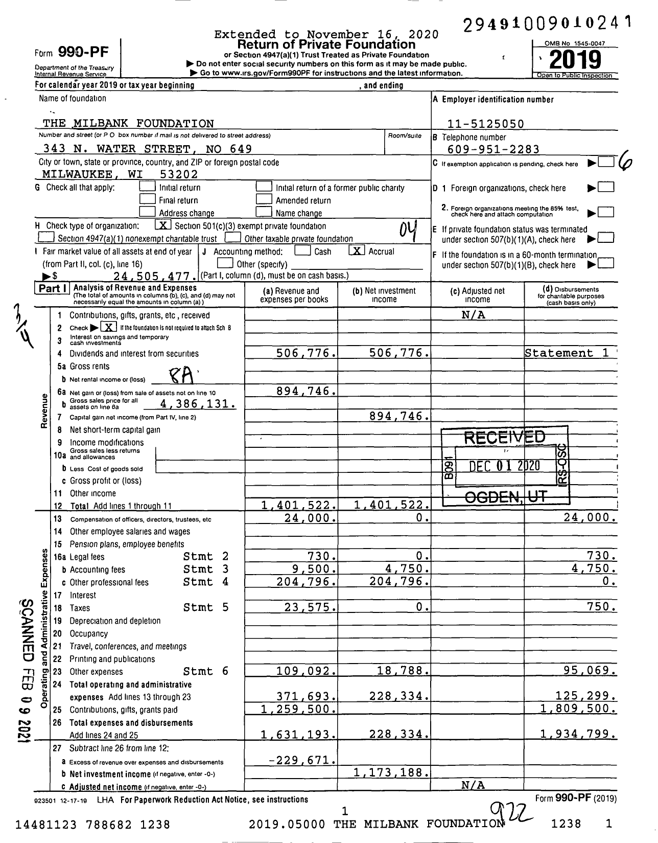 Image of first page of 2019 Form 990PF for Milbank Foundation for Rehabilitation