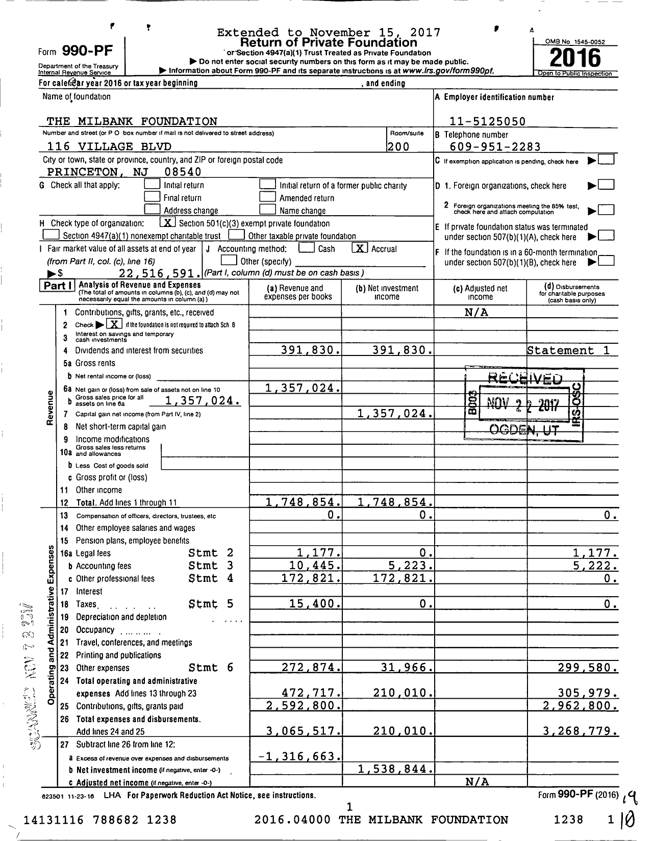 Image of first page of 2016 Form 990PF for Milbank Foundation for Rehabilitation