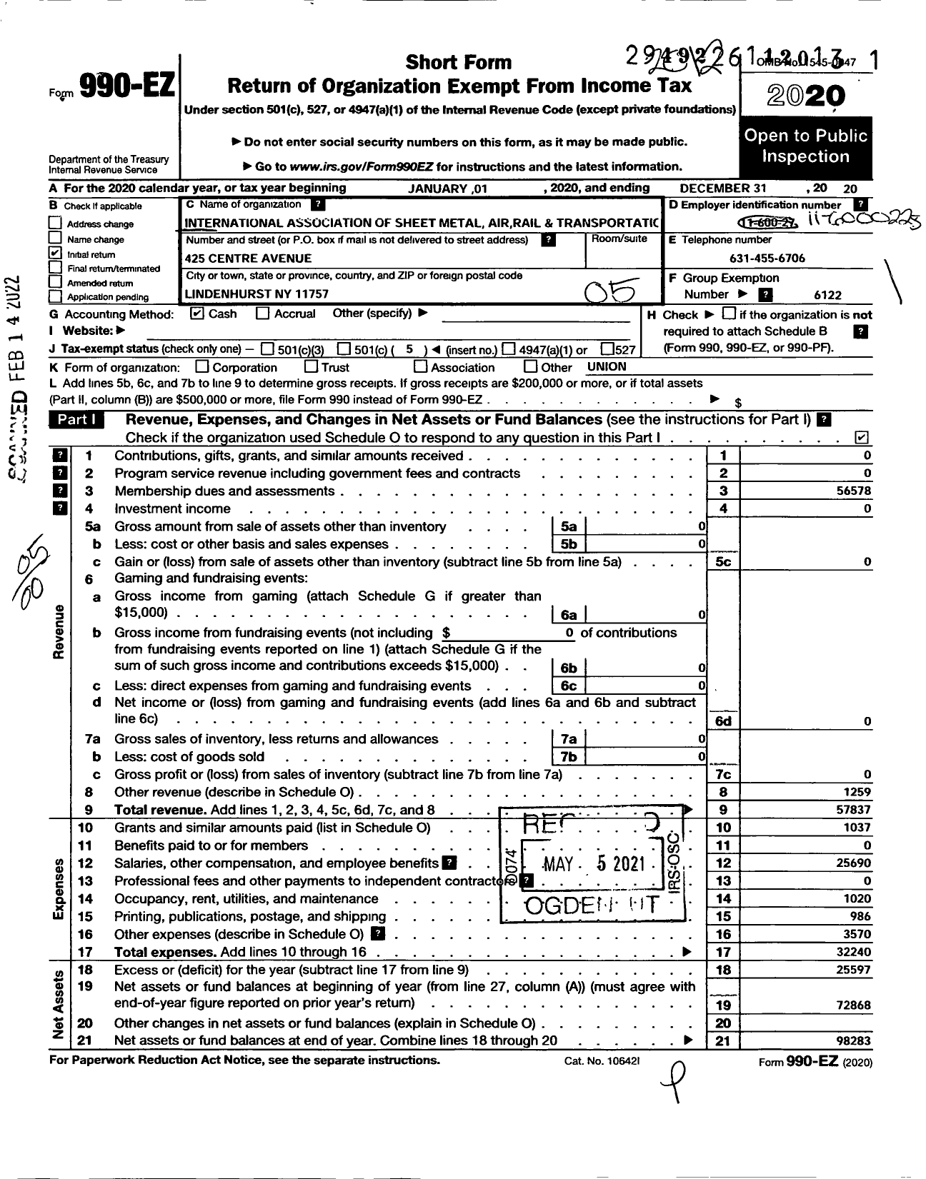 Image of first page of 2020 Form 990EO for Smart Union - 645 TD