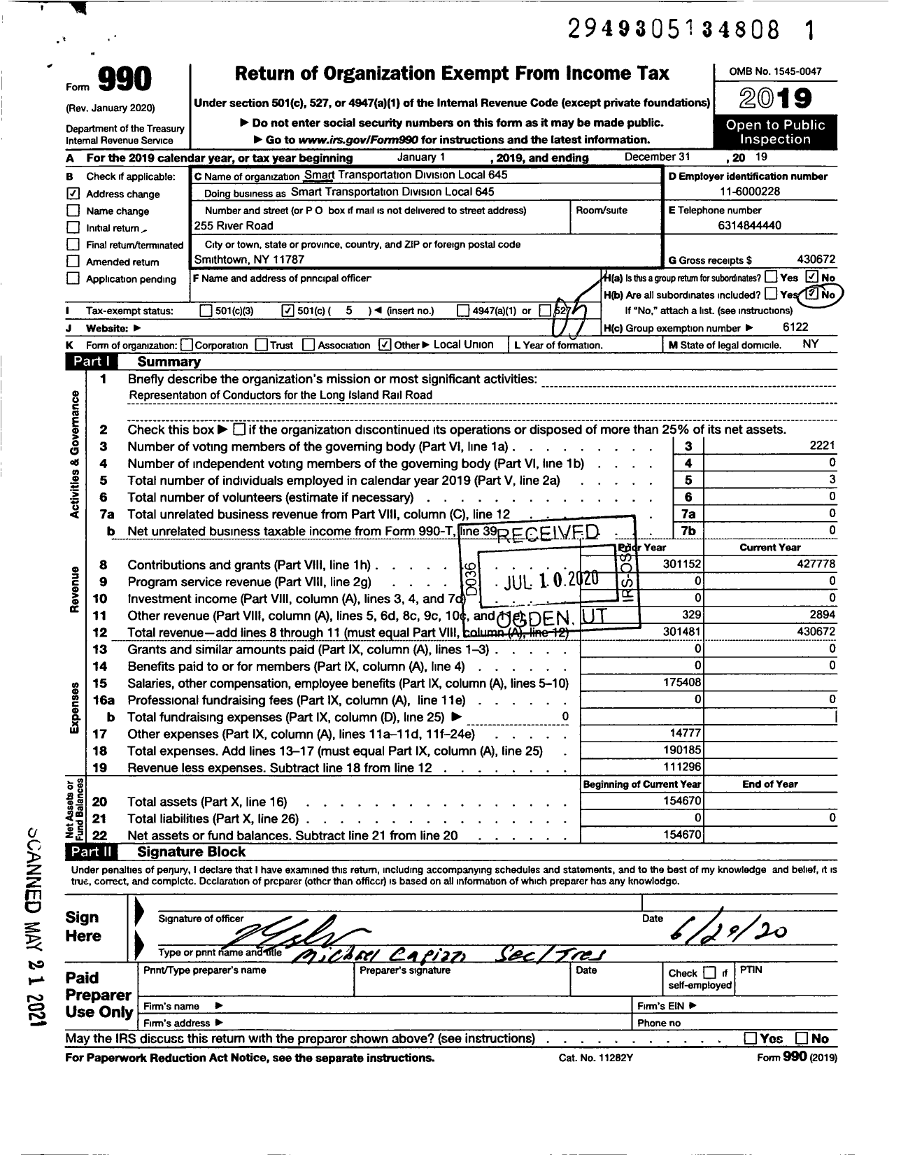 Image of first page of 2019 Form 990O for Smart Union - 645 TD