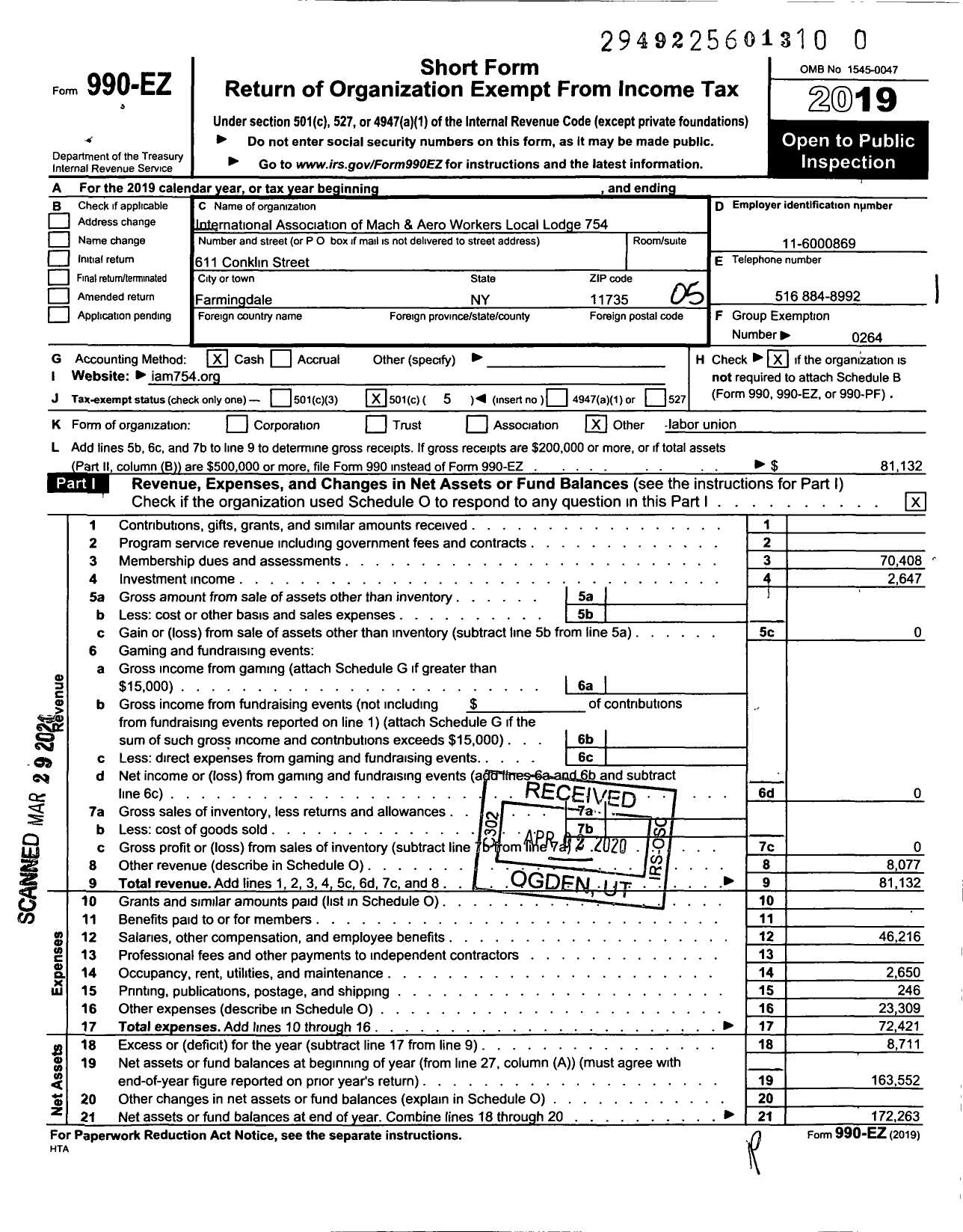 Image of first page of 2019 Form 990EO for INTERNATIONAL ASSOCIATION OF MACHINISTS and AEROSPACE WORKERS - 754 Local Lodge